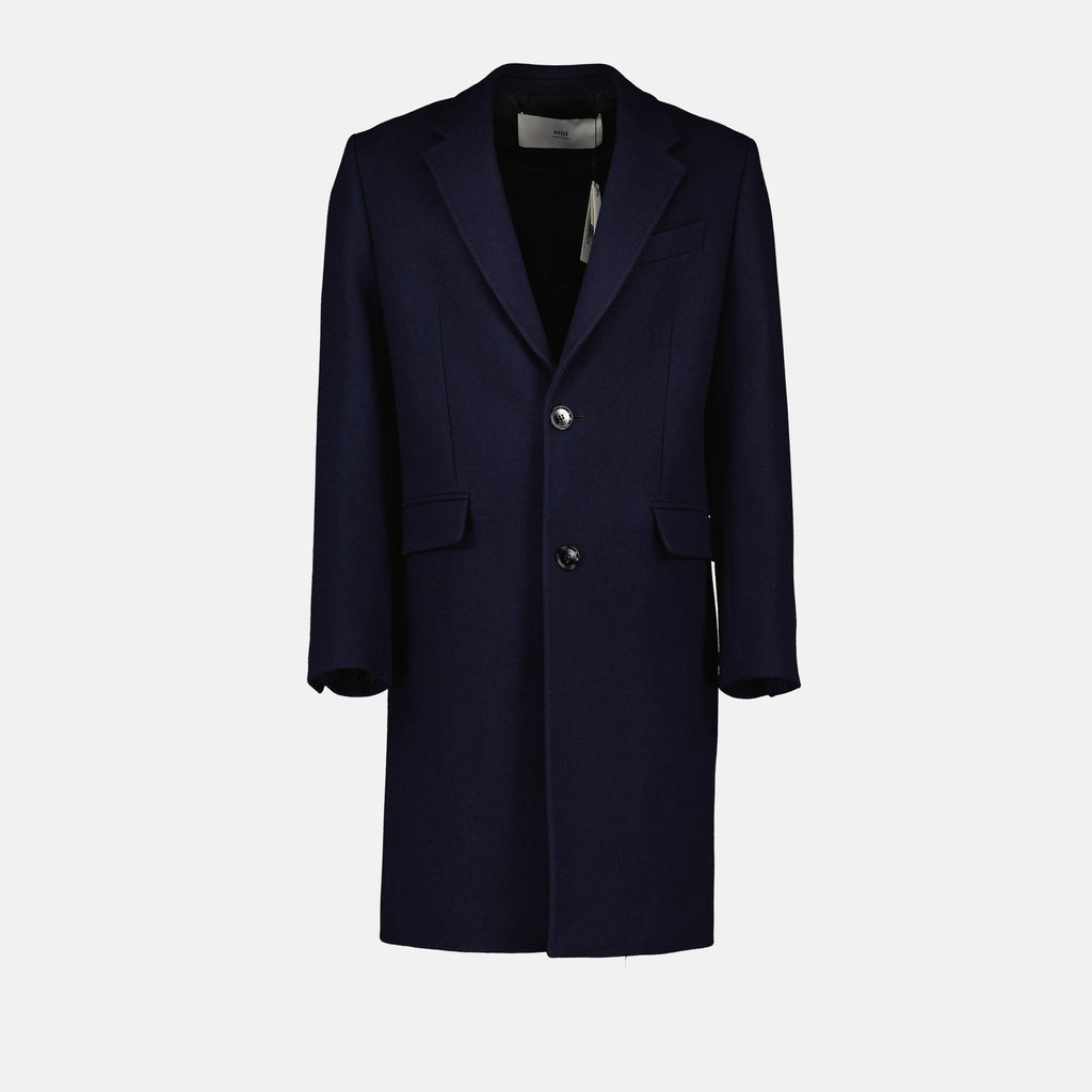 Image of Navy Wool Long Coat by Ami PARIS for Men - Season Autumn-Winter 2024 - Front View