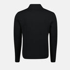 wool pullover, high collar, embroidered logo, zip closure, contemporary style