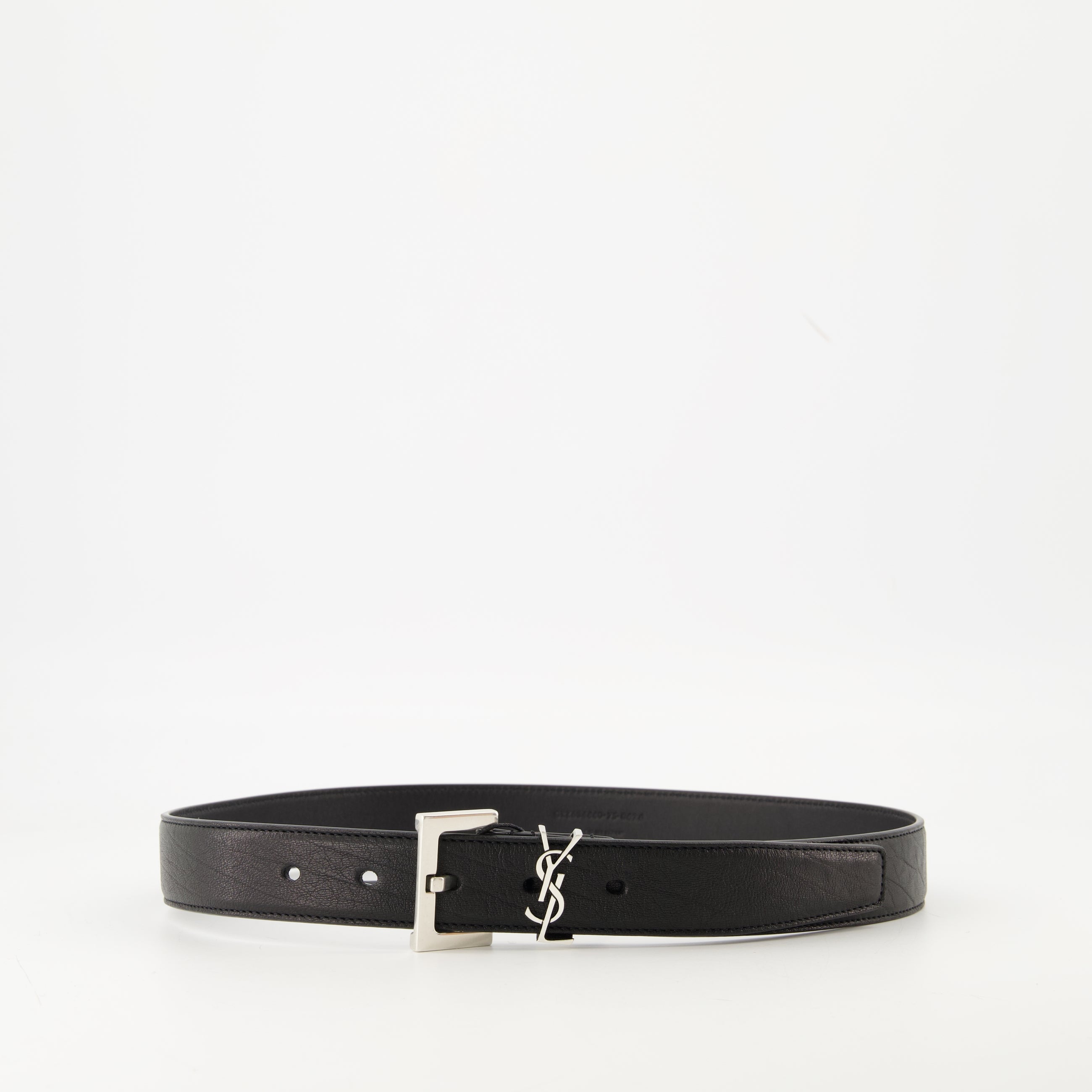 Saint Laurent belt, black leather belt, luxury accessories, metallic logo belt, adjustable waist belt