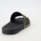 gold logo slides, Versace slides, comfortable rubber footwear, contemporary slides, stylish casual footwear