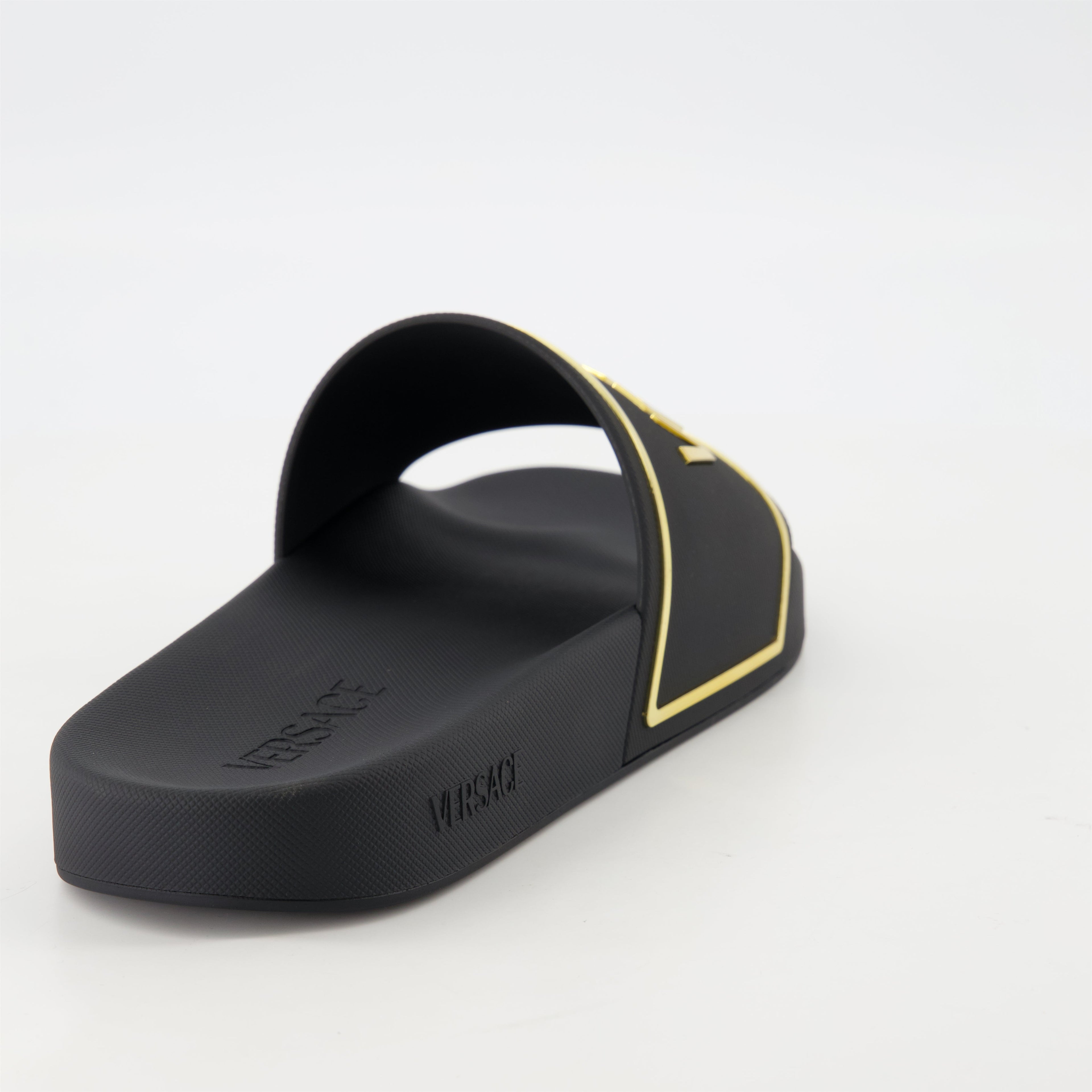 gold logo slides, Versace slides, comfortable rubber footwear, contemporary slides, stylish casual footwear