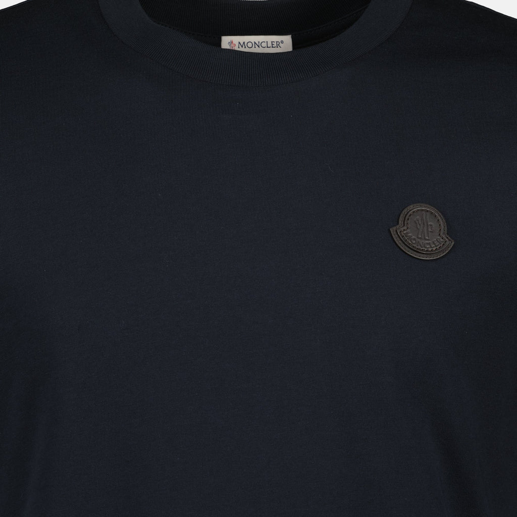 Image of Navy Blue Leather Logo T-Shirt by Moncler for Men - Season Autumn-Winter 2025 - Detail View 8