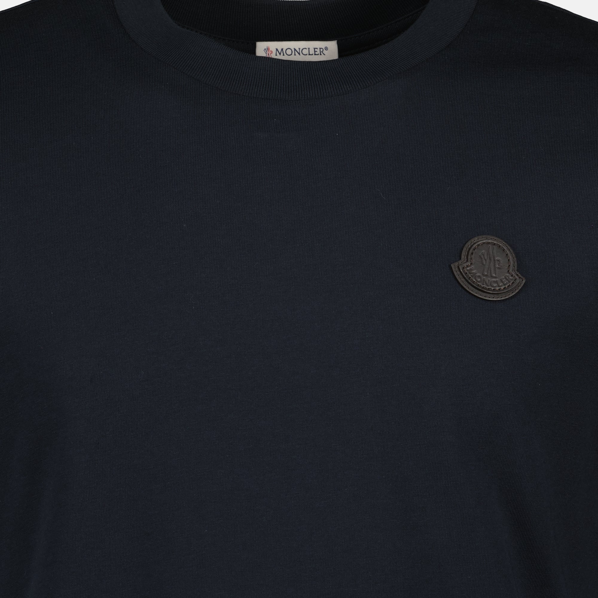 Image of Navy Blue Leather Logo T-Shirt by Moncler for Men - Season Autumn-Winter 2025 - Detail View 8