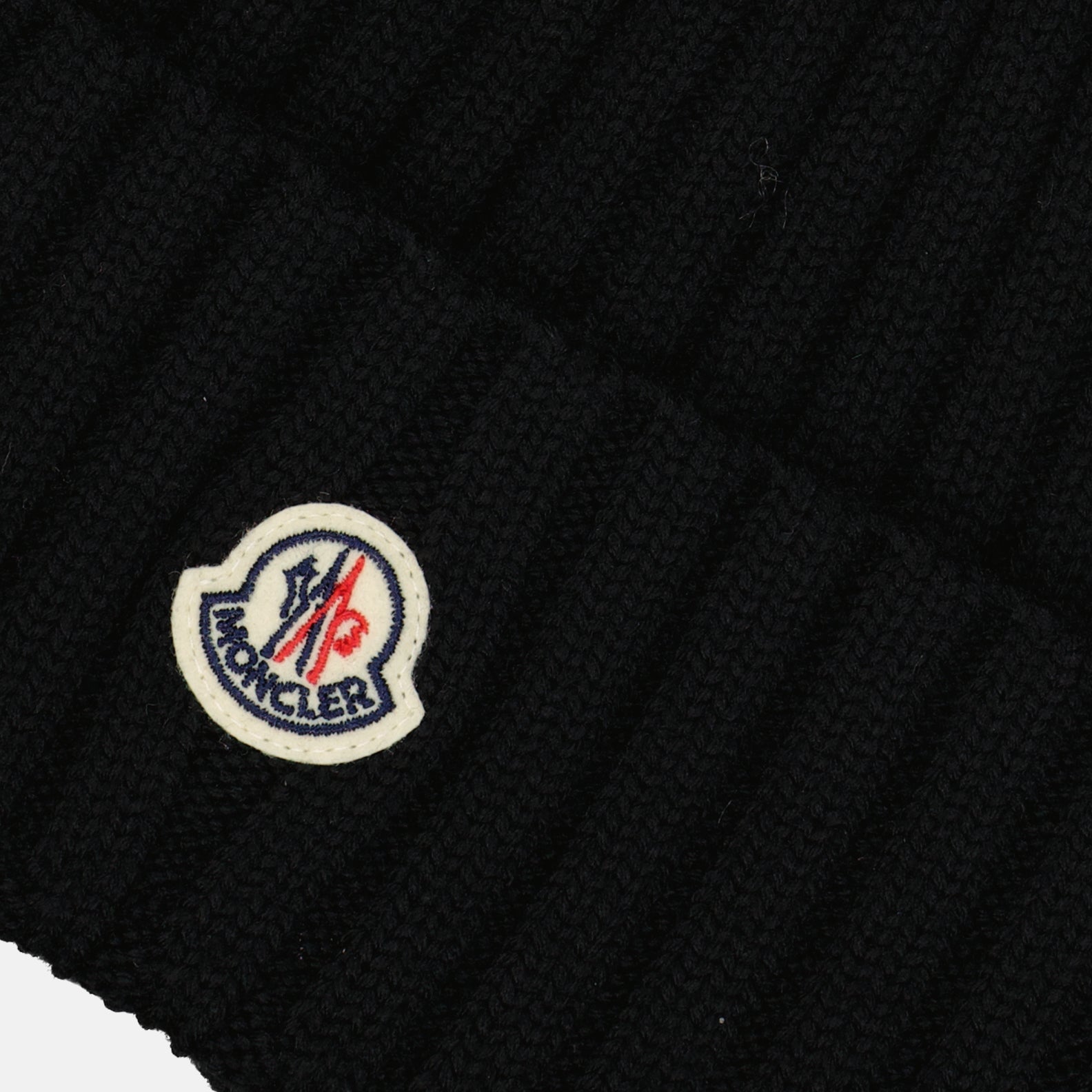 black wool beanie, embroidered logo, winter accessory, Moncler beanie, fashion headwear