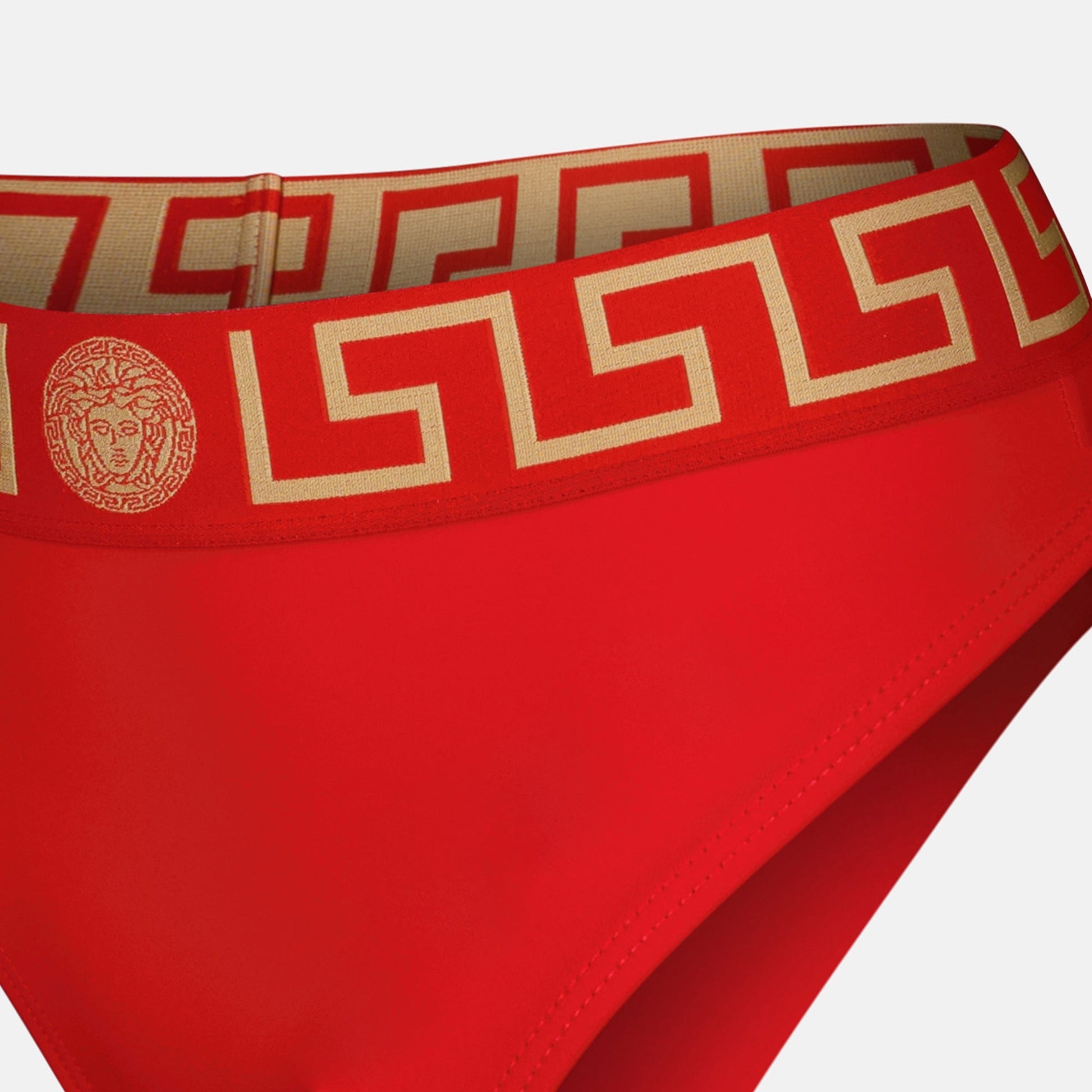 Medusa Greca bikini, high-waist swimwear, Versace bikini bottom, red bikini, designer swimwear