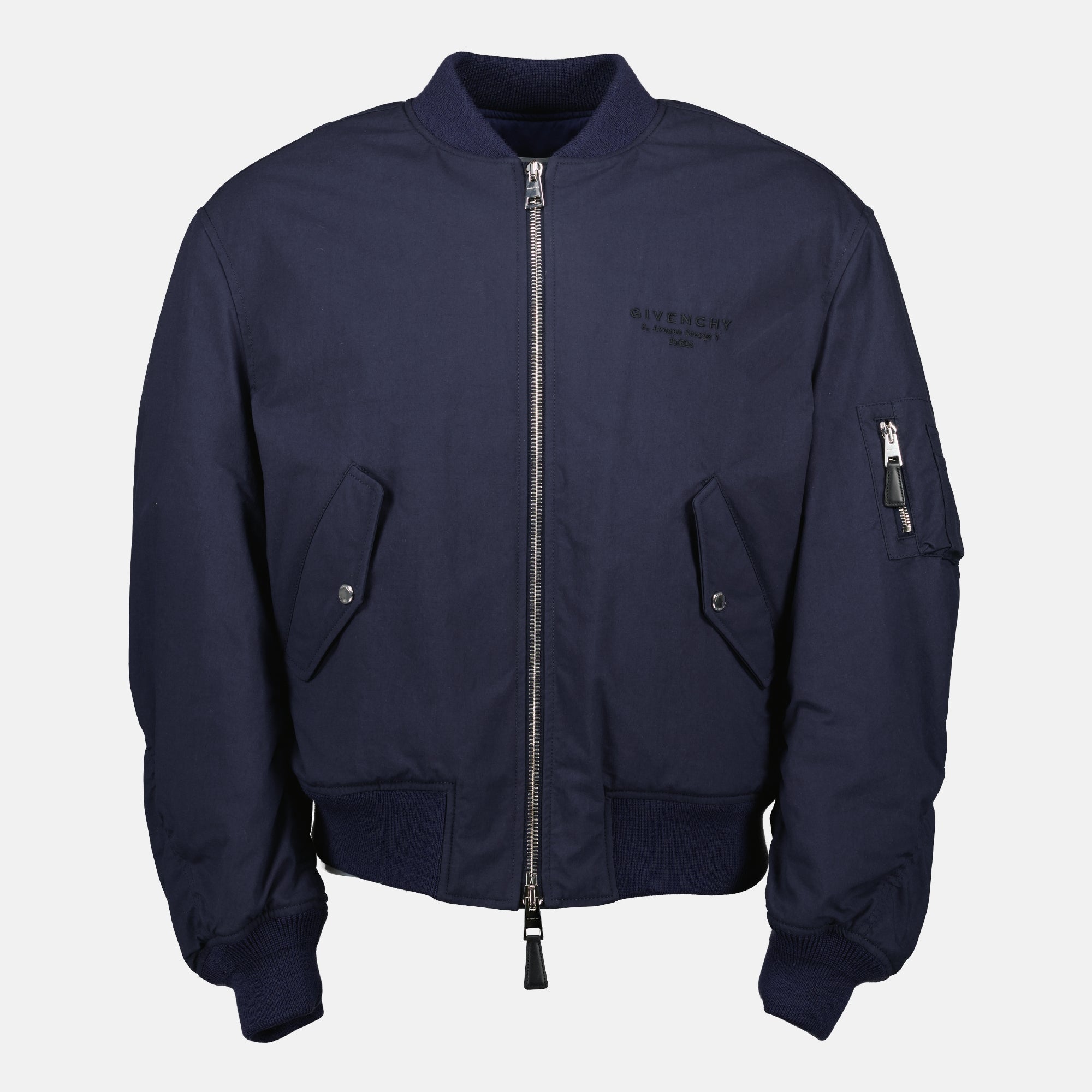 Givenchy bomber jacket, navy blue jacket, designer outerwear, cotton nylon blend, embroidered logo jacket