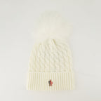 White pom-pom beanie, Moncler Grenoble beanie, ribbed wool beanie, embroidered logo beanie, winter fashion accessory