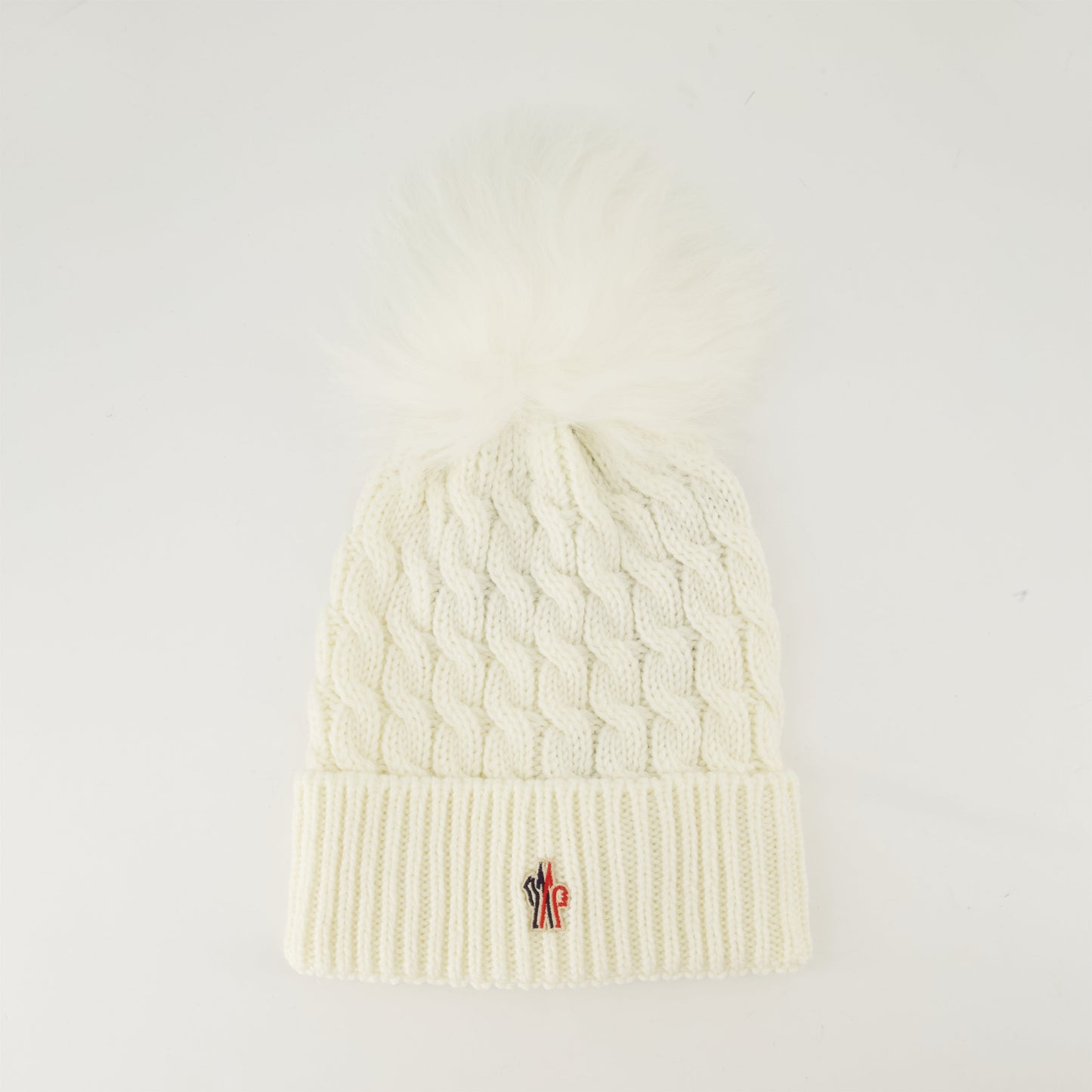 White pom-pom beanie, Moncler Grenoble beanie, ribbed wool beanie, embroidered logo beanie, winter fashion accessory