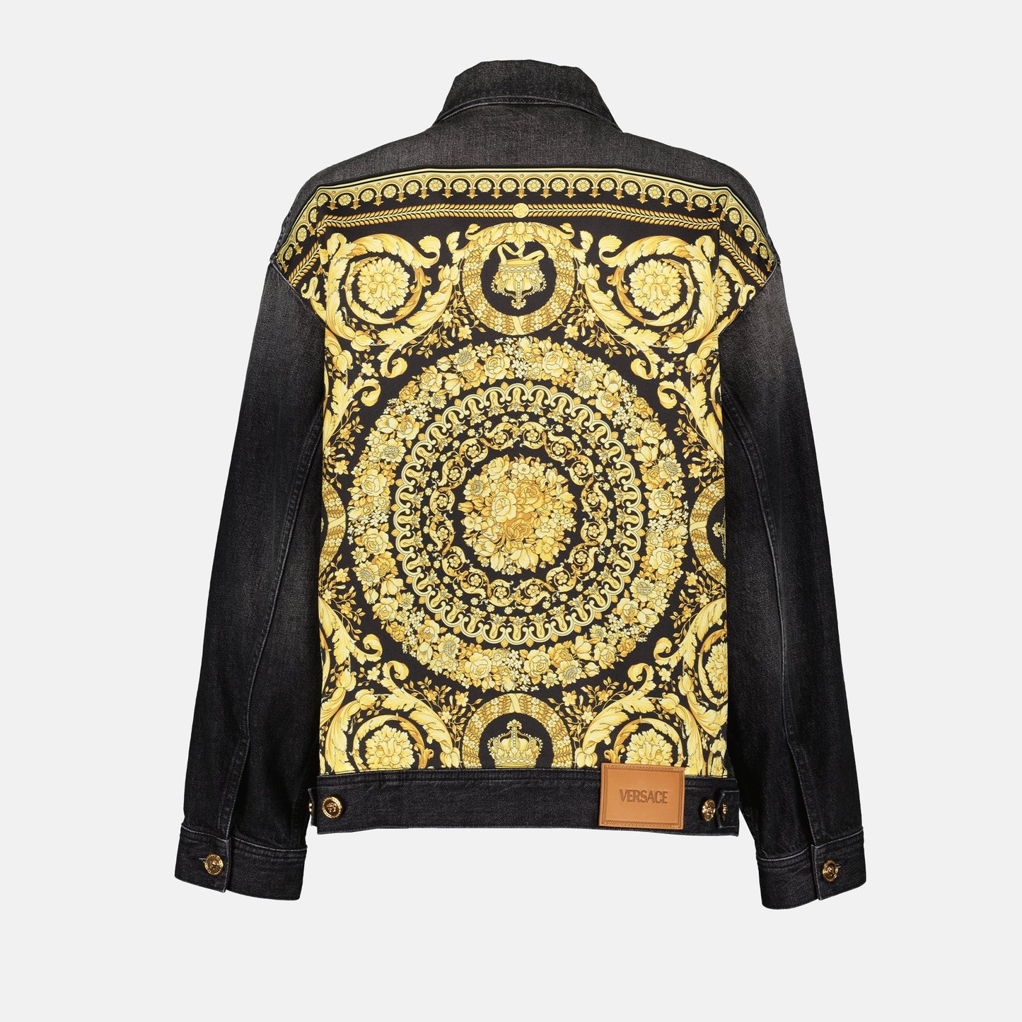 Barocco jacket, black denim jacket, luxury denim, Versace fashion, high-end outerwear