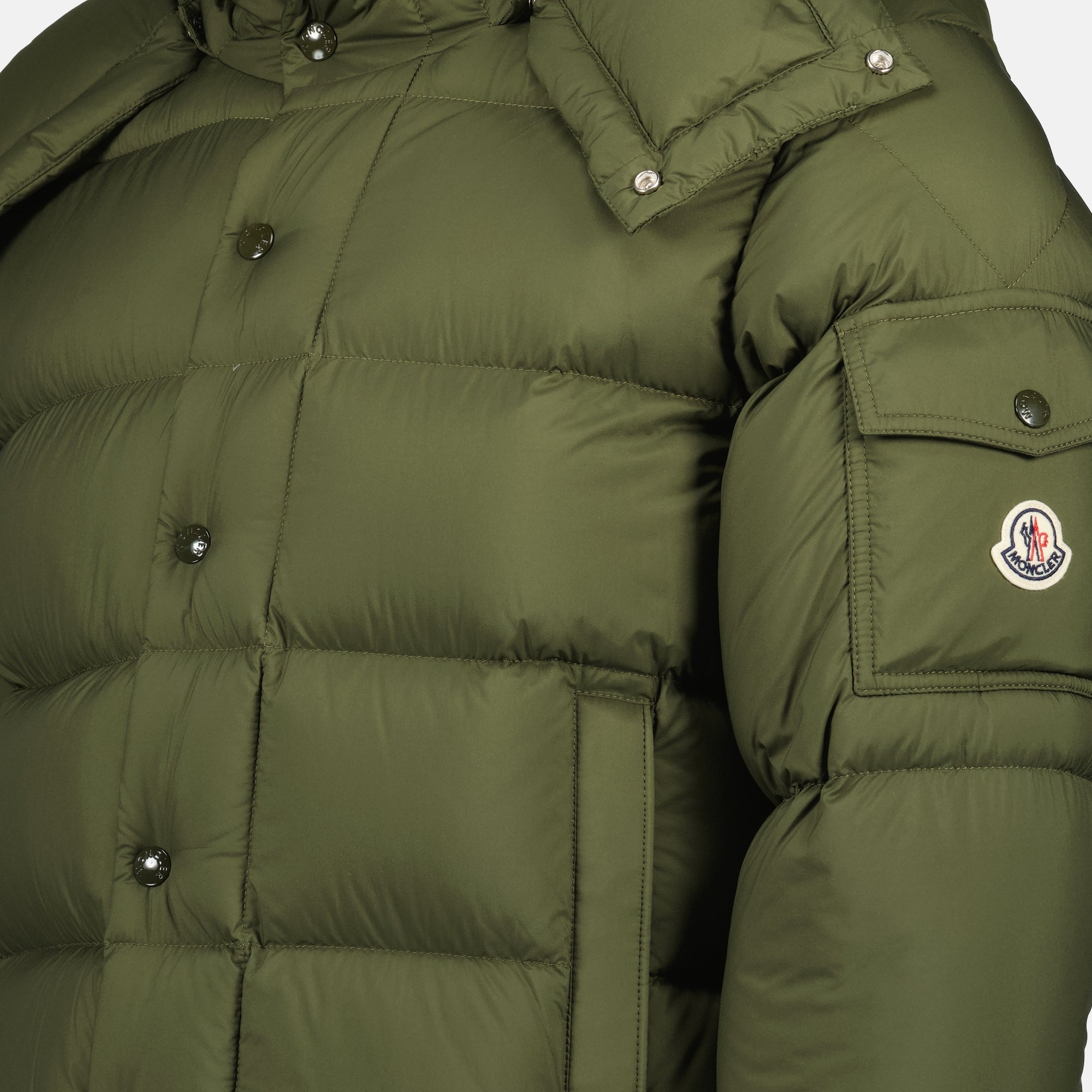 Maya 70 Kaki jacket, Moncler down jacket, polyamide jacket, removable hood jacket, Autumn Winter 2025 collection
