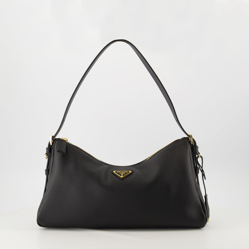 Prada, Sac Aimée, black leather bag, luxury accessories, contemporary design
