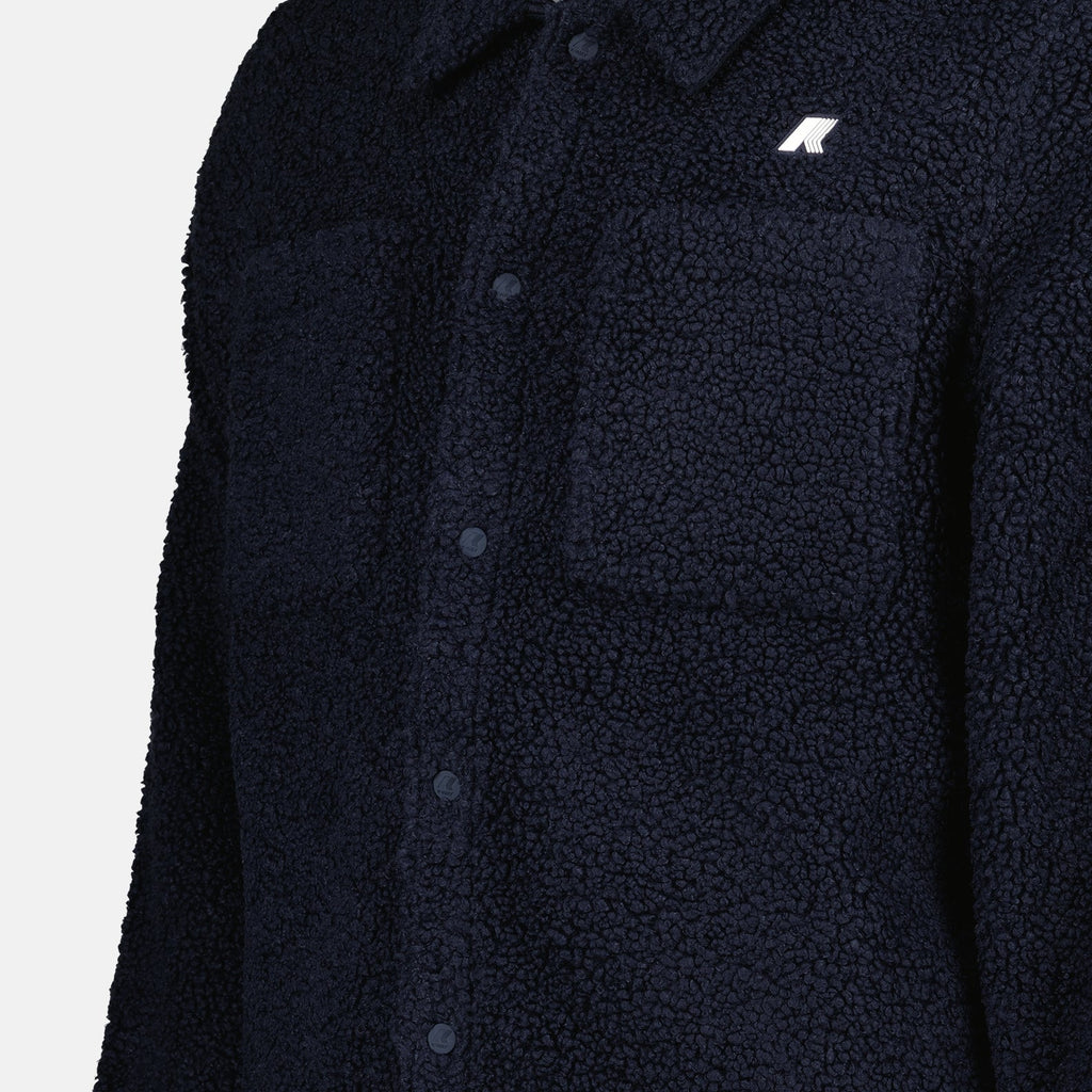 Sherpa jacket, classic collar, mid-weight sherpa, silicone logo, blue jacket