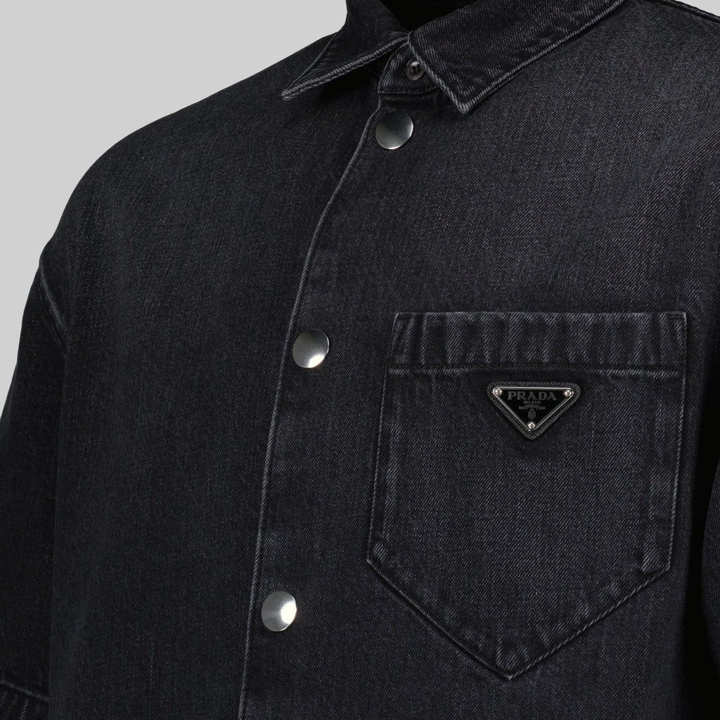black denim shirt, Prada shirt, men’s denim fashion, sophisticated style, casual elegance