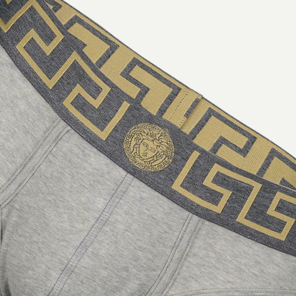 Medusa Greca, grey slip briefs, elastic band, Versace 2024, men's underwear