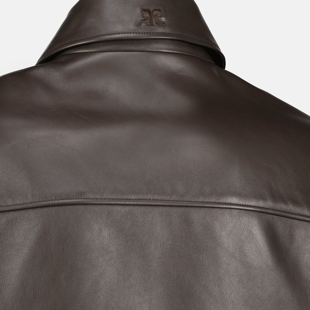 Image of Brown Leather Zipped Jacket by Courrèges for Men - Season Spring-Summer 2026 - Detail View 2