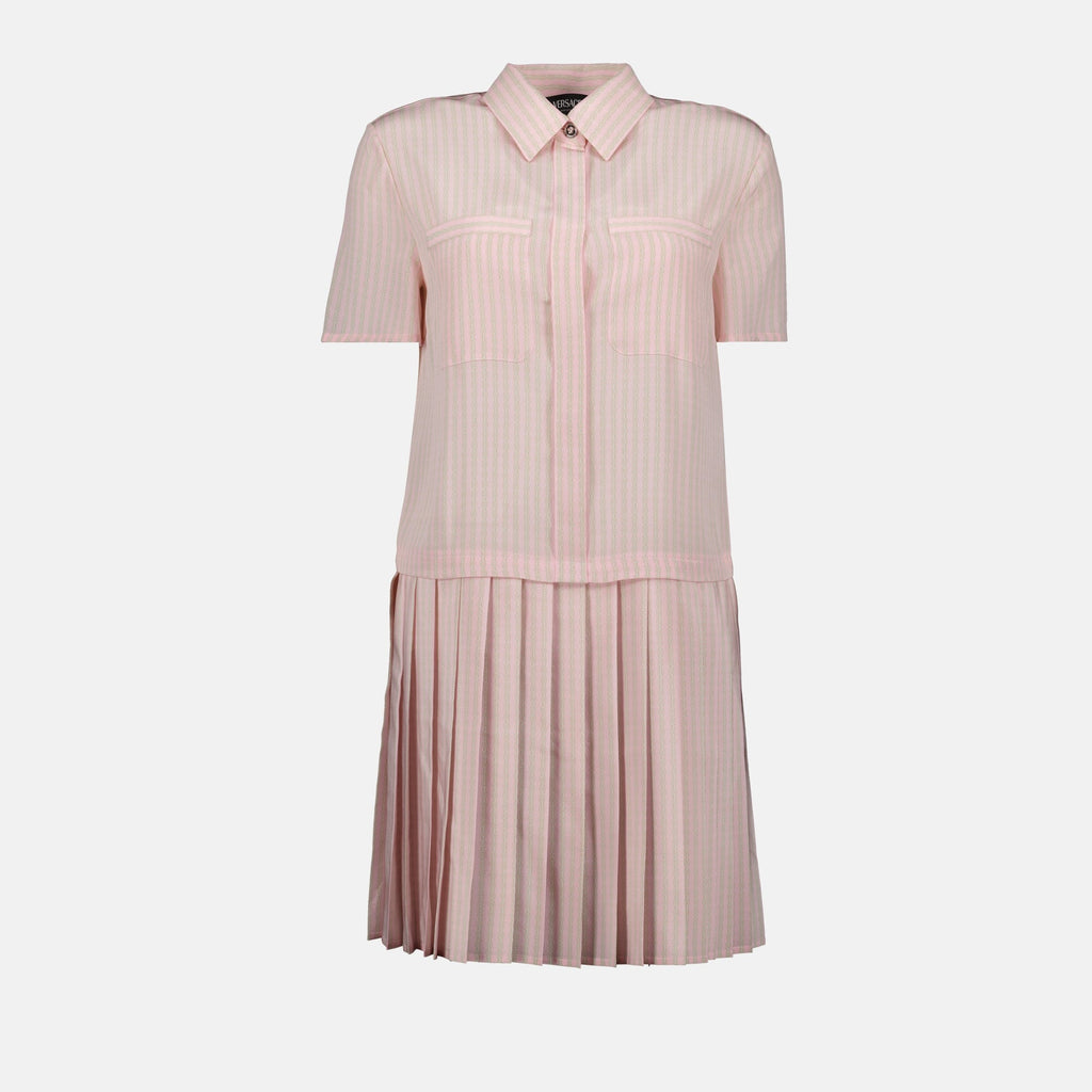 pink silk shirt dress, Versace dress, pleated dress, luxury fashion, Spring-Summer collection