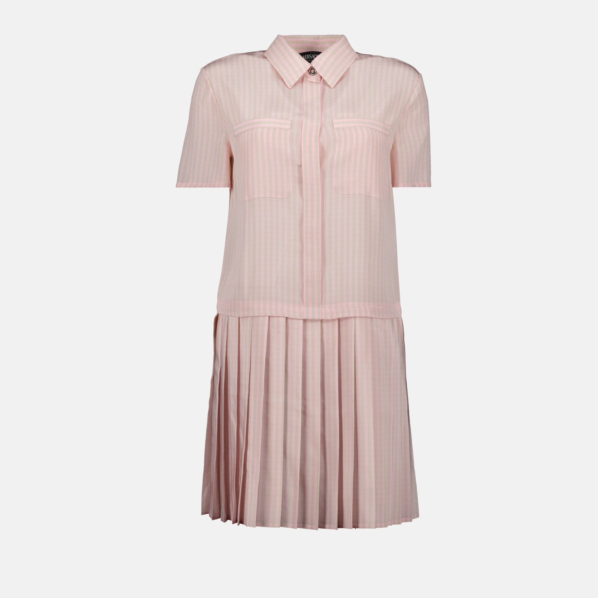 pink silk shirt dress, Versace dress, pleated dress, luxury fashion, Spring-Summer collection
