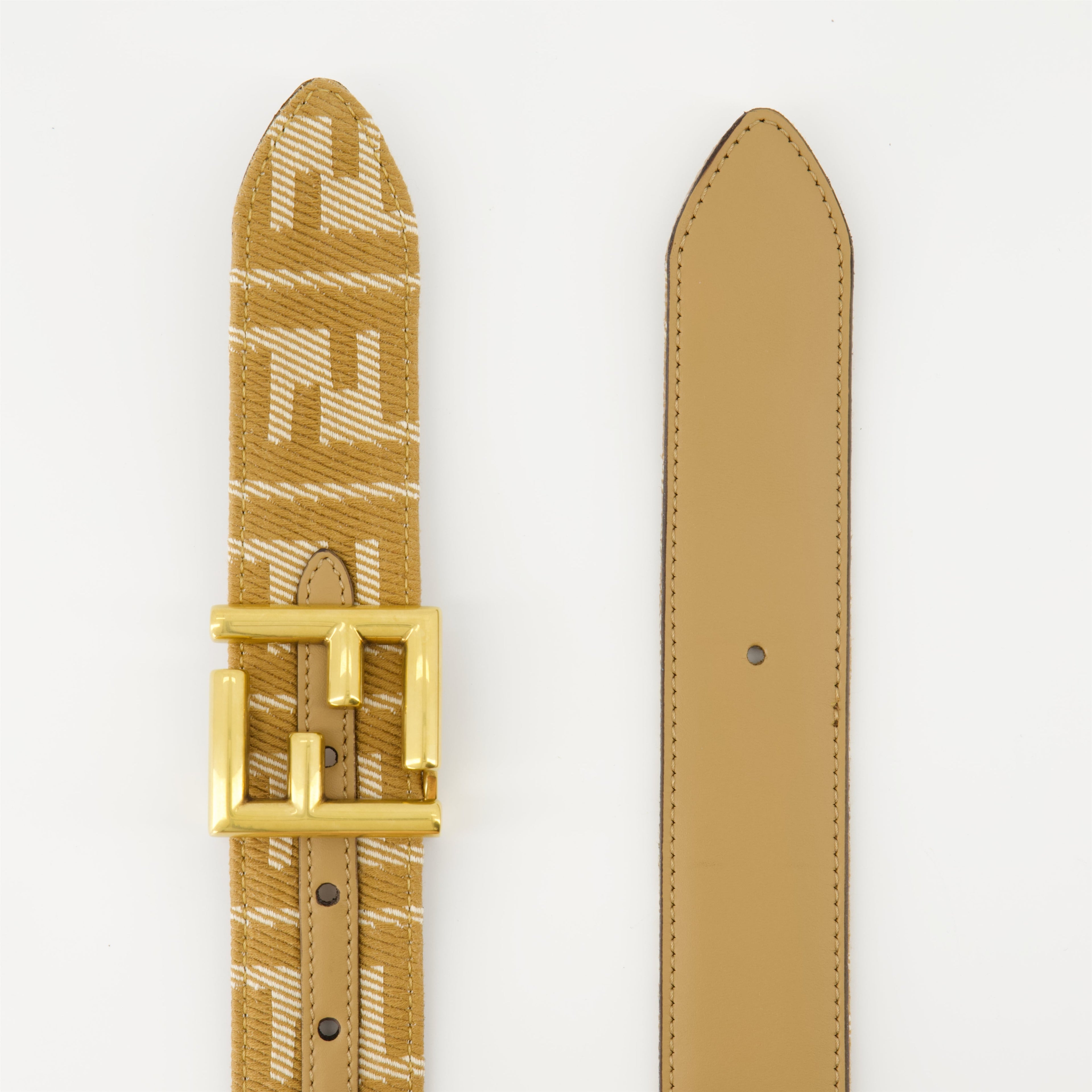 Fendi belt, reversible design, leather and denim, adjustable belt, FF jacquard