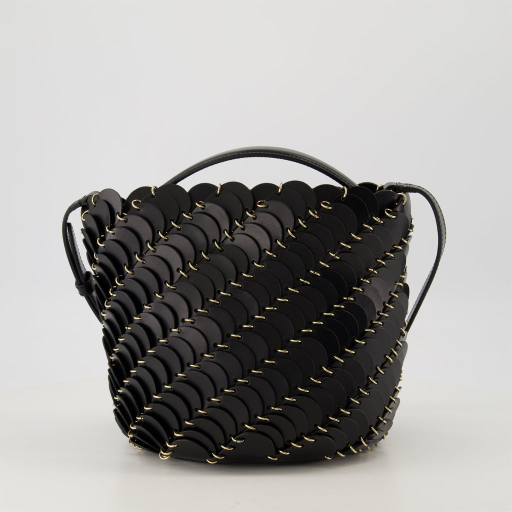 bucket bag, black handbag, Rabanne accessory, calf leather bag, chic purse