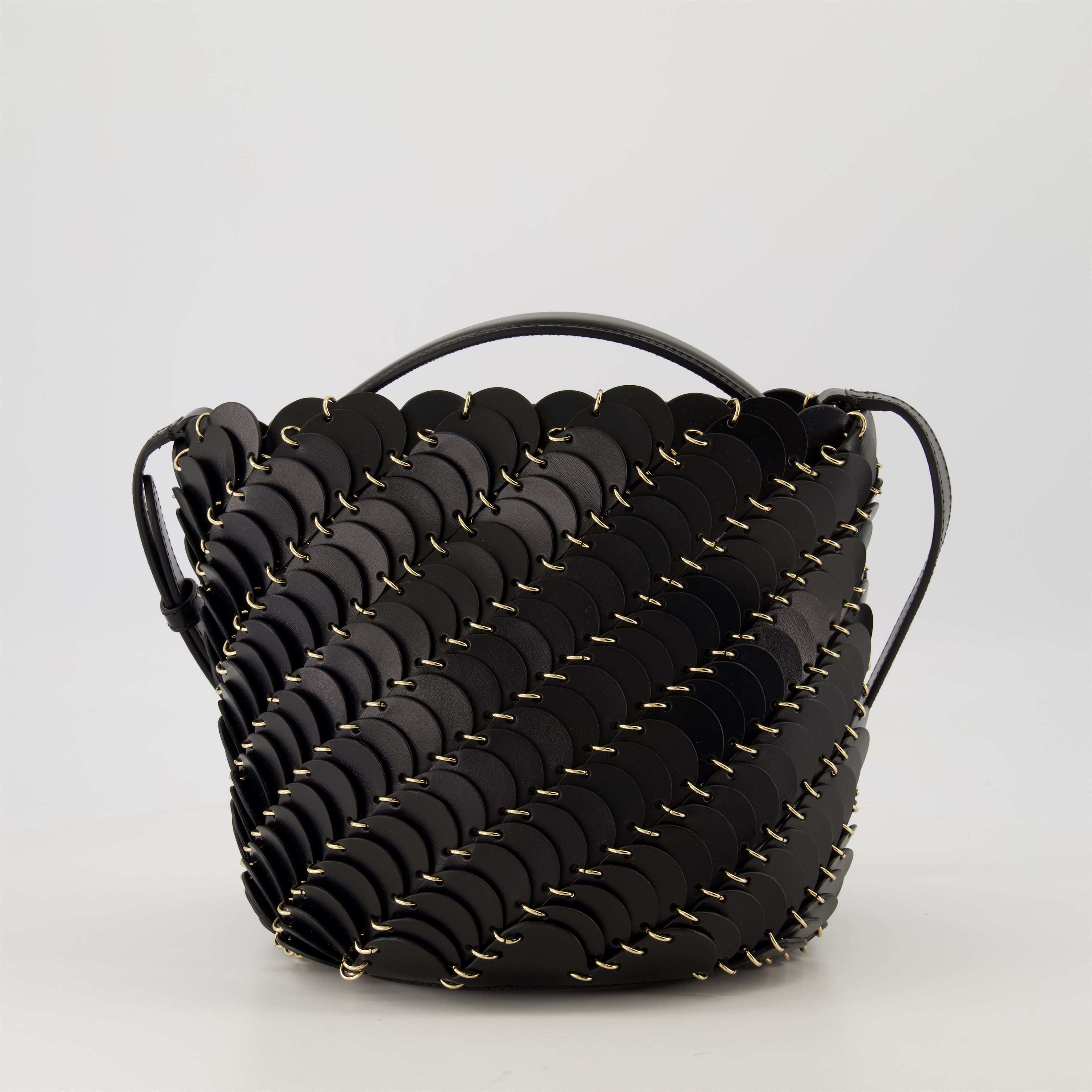 bucket bag, black handbag, Rabanne accessory, calf leather bag, chic purse