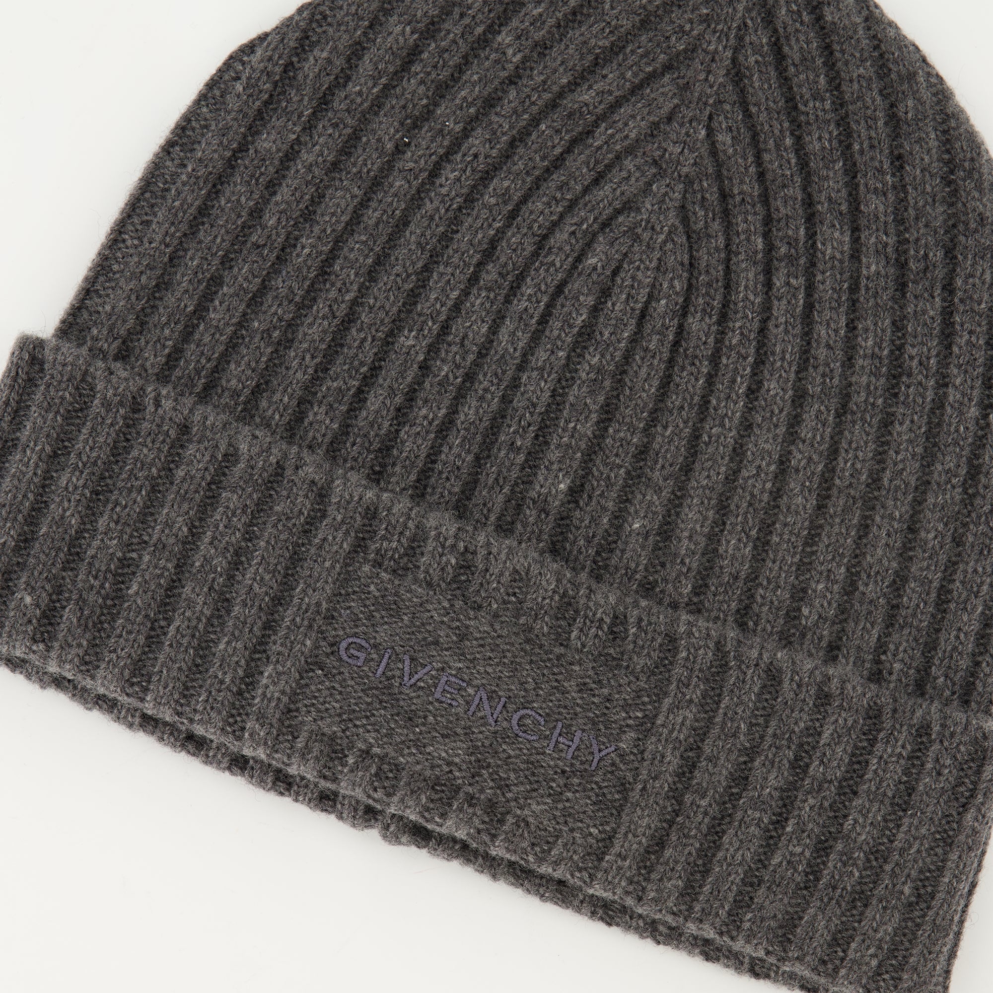 Givenchy hat, gray knit accessory, women's winter hat, embroidered logo hat, stylish wool beanie