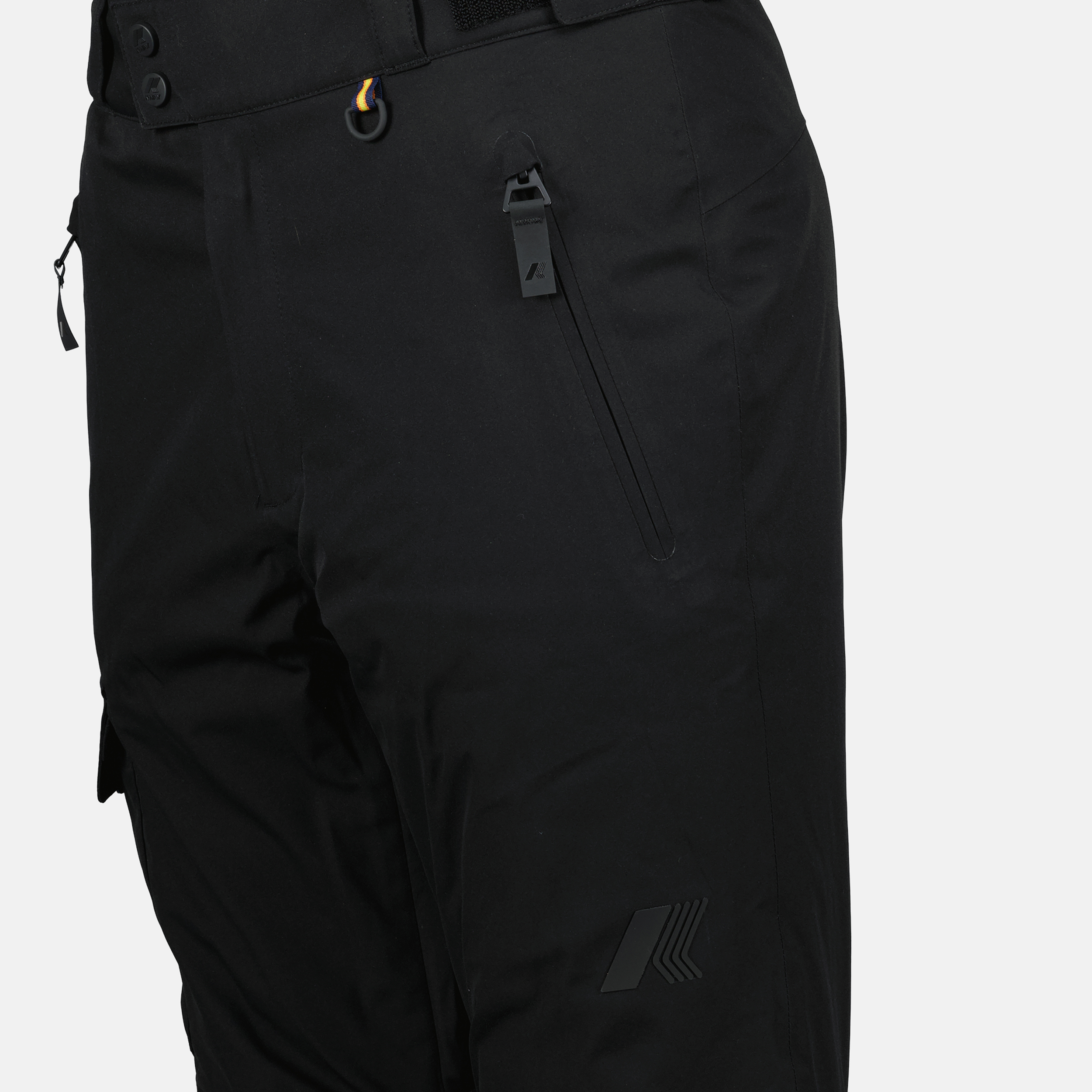 ski pants, black ski wear, K-Way pants, stylish winterwear, nylon ski pants