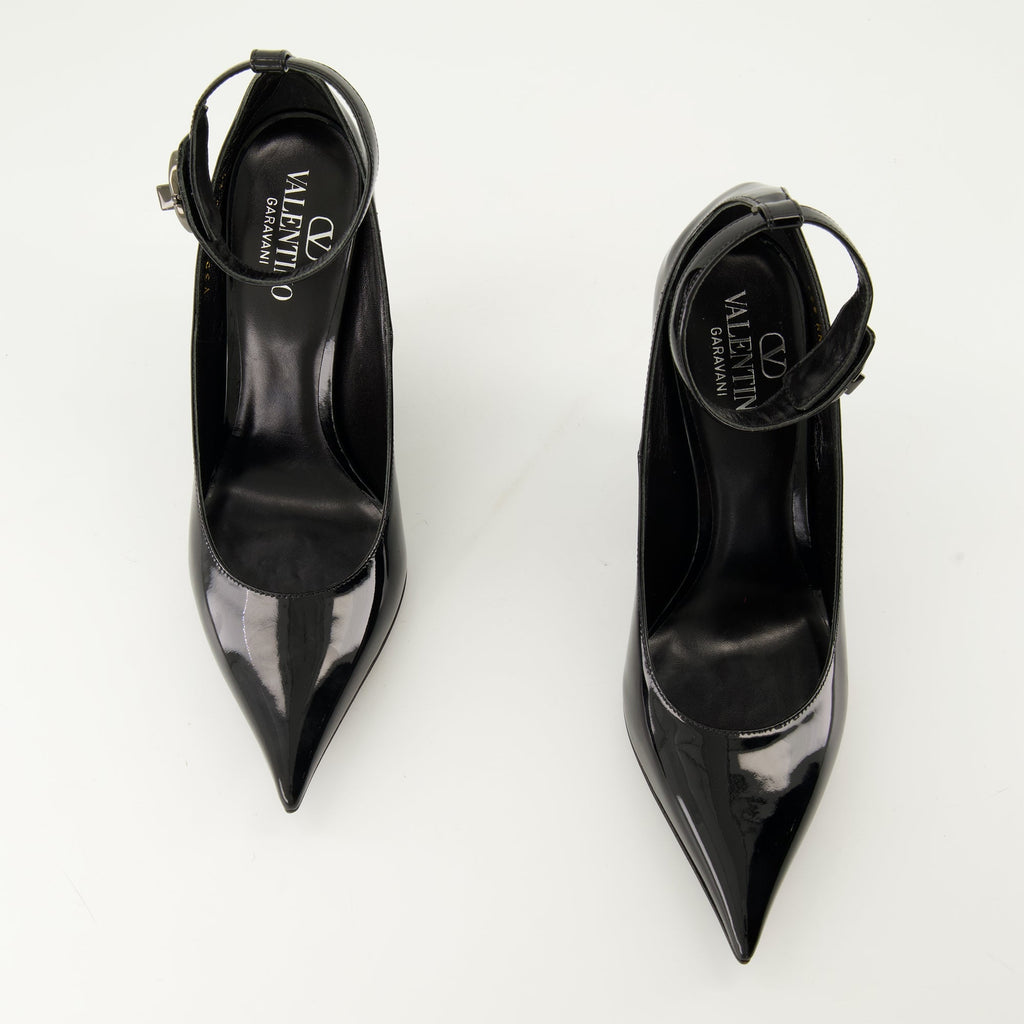 Leather pumps, VLogo design, pointed toe shoes, fall-winter footwear, adjustable ankle strap