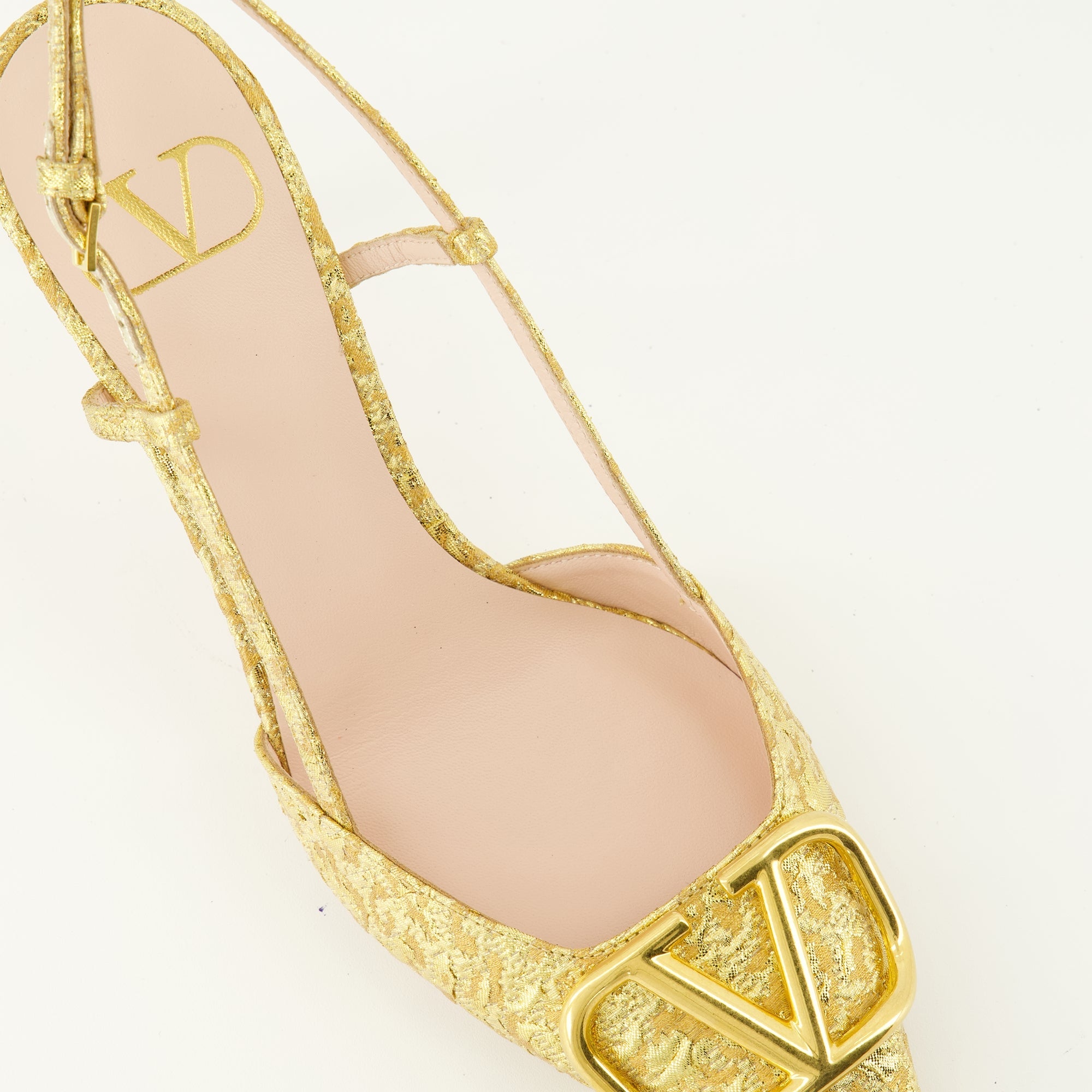 Valentino pumps, gold fabric shoes, Vlogo signature footwear, elegant ankle strap pumps, spring-summer collection