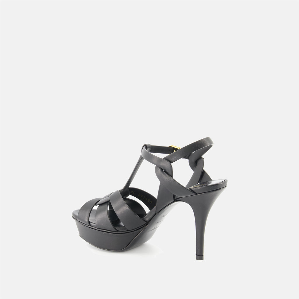 black heeled sandals, saint laurent sandals, elegant footwear, adjustable ankle strap sandals, platform heeled sandals
