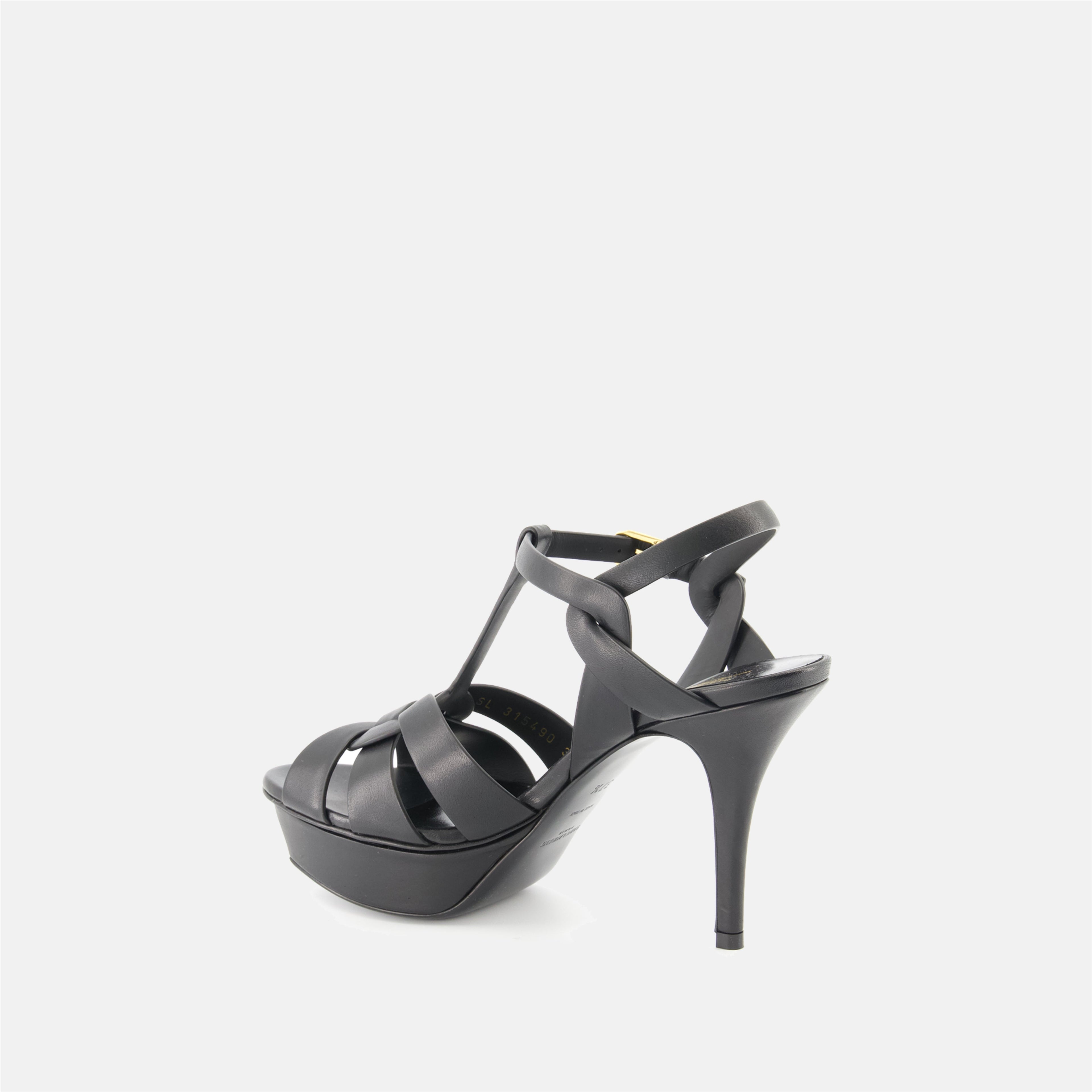 black heeled sandals, saint laurent sandals, elegant footwear, adjustable ankle strap sandals, platform heeled sandals