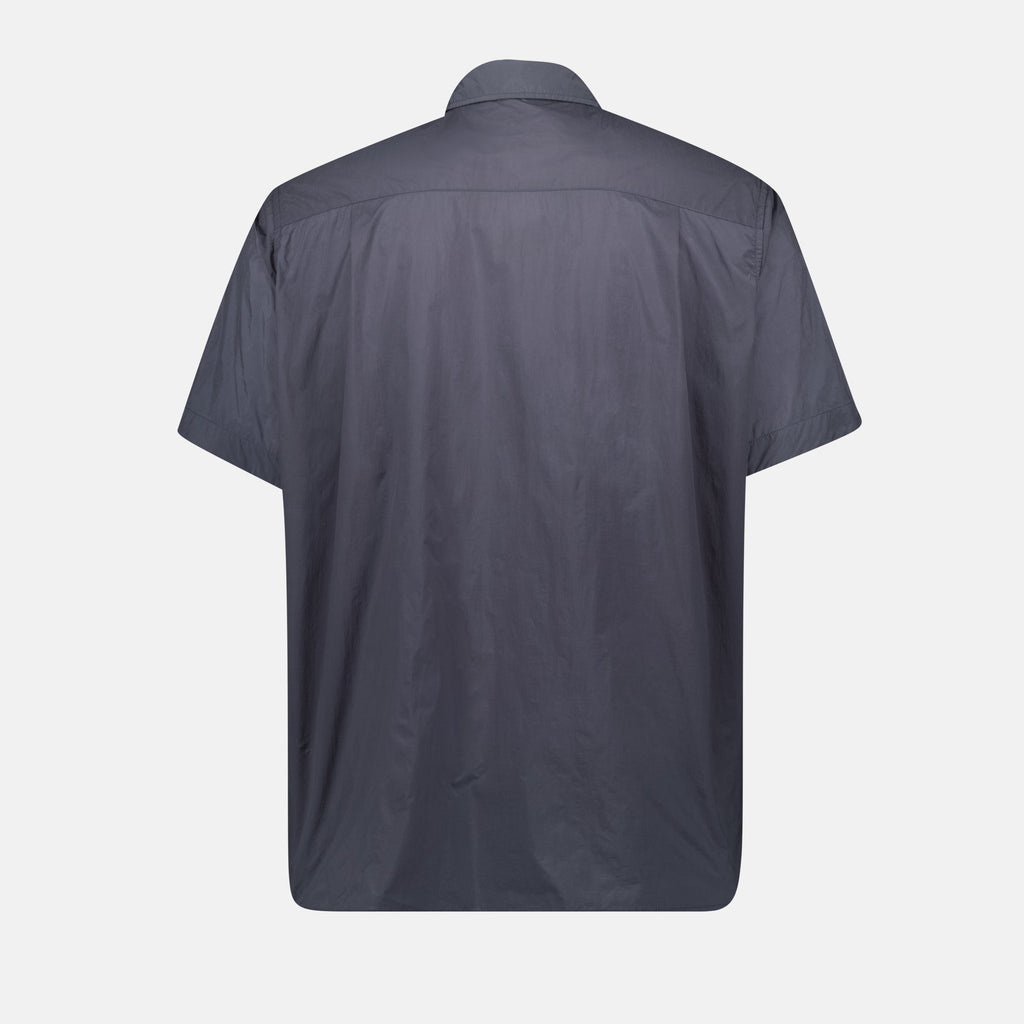 nylon shirt, blue-grey shirt, classic collar shirt, Sacai collection, short sleeve shirt