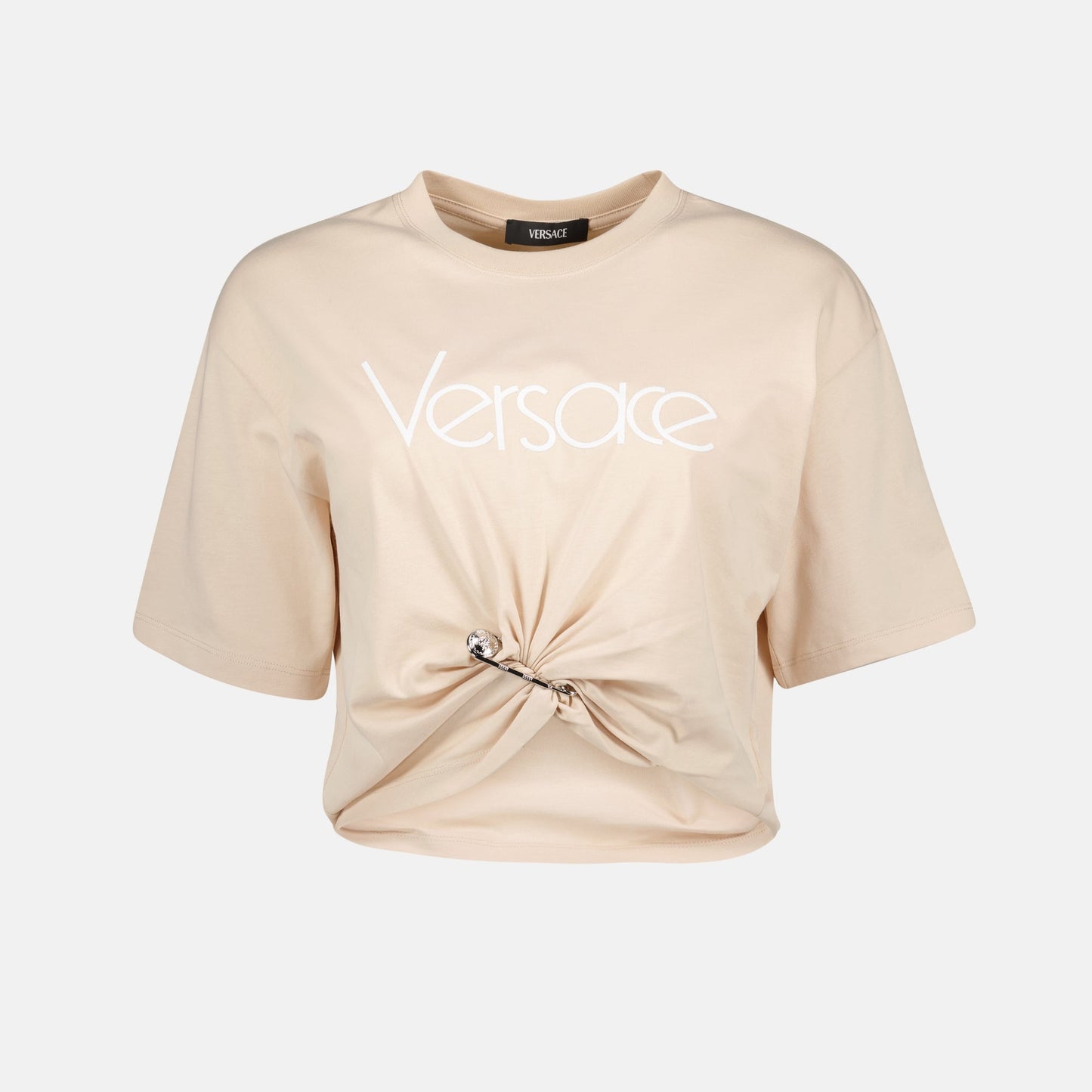 Versace crop tee, beige safety pin tee, cotton crop top, fashionable summer Tshirt, stylish beige tee