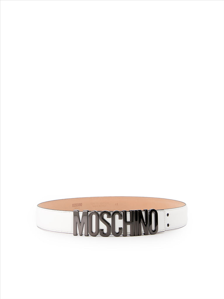 Moschino belt, logo plaque belt, luxury leather belt, adjustable designer belt, white belt