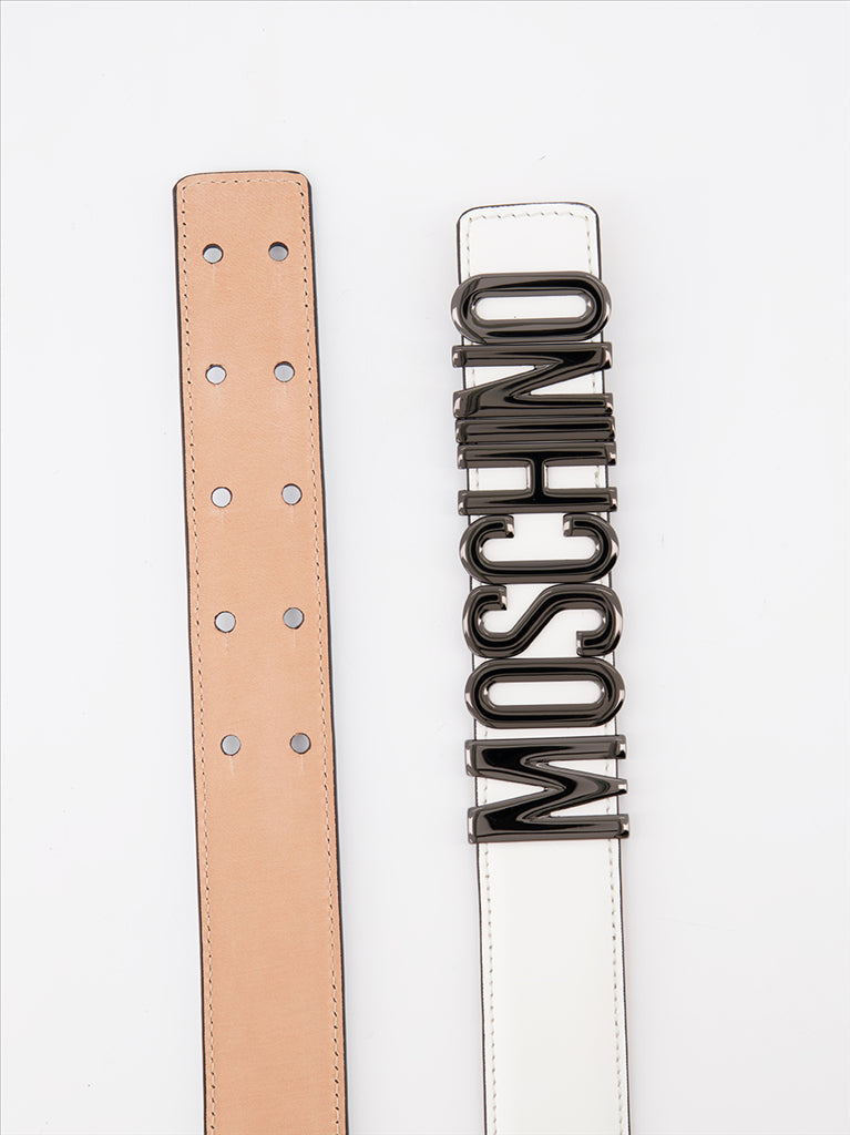 Moschino belt, logo plaque belt, luxury leather belt, adjustable designer belt, white belt