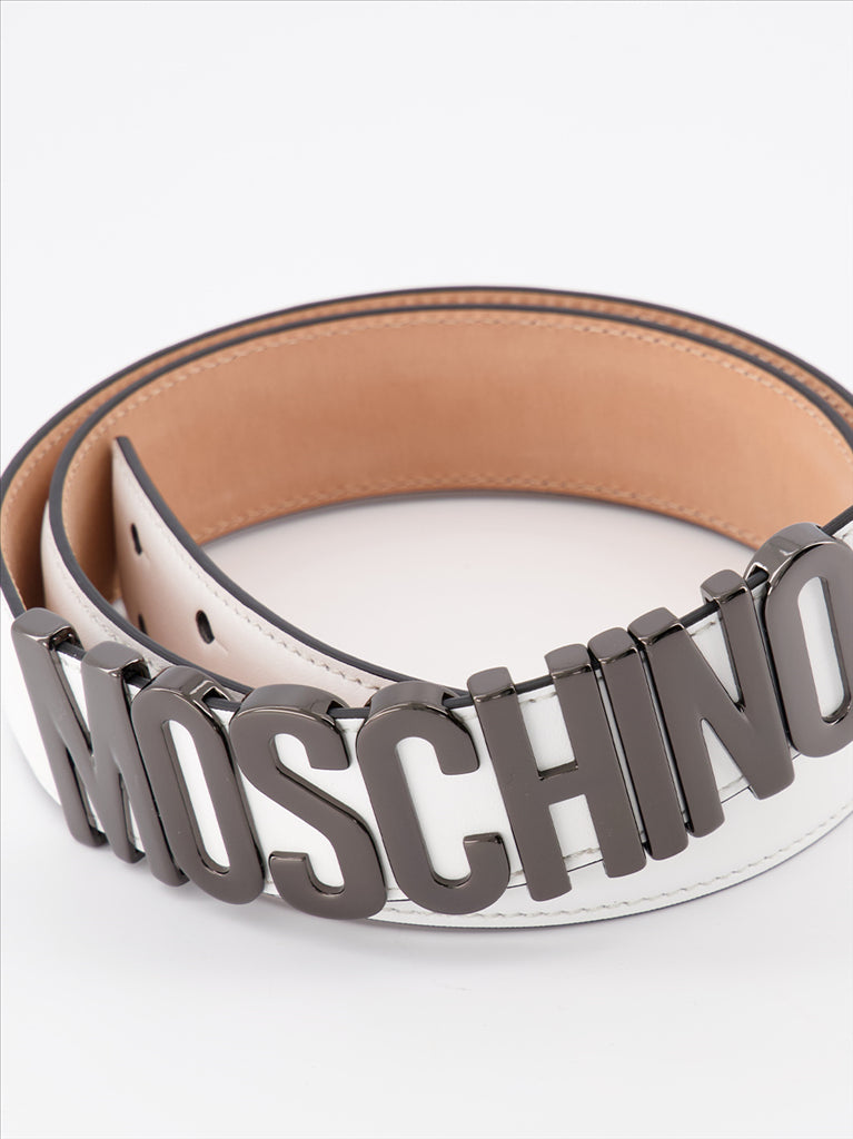 Moschino belt, logo plaque belt, luxury leather belt, adjustable designer belt, white belt