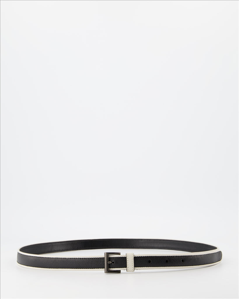 Prada, women's belt, Saffiano leather, luxury accessory, two-tone belt