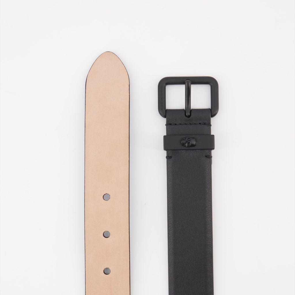 Alexander McQueen belt, black leather belt, skull buckle belt, luxury men's accessories, designer men's belt