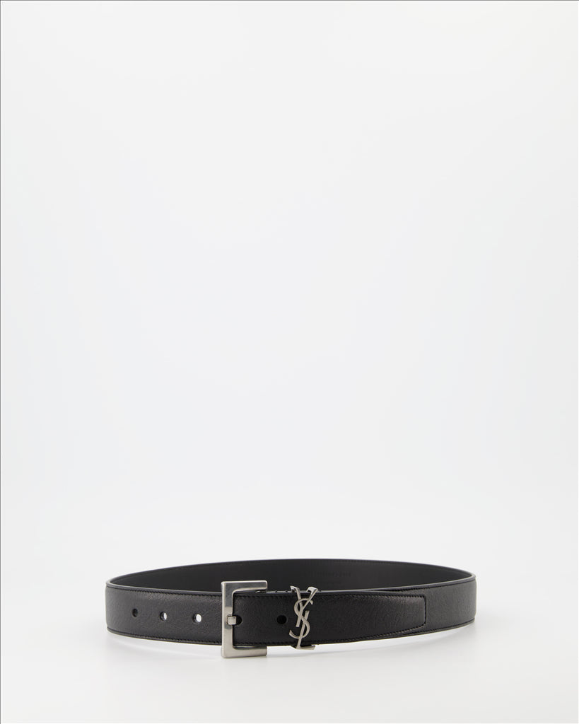 black leather belt, YSL logo buckle, adjustable fit belt, sophisticated accessories, refined leather belt