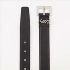black leather belt, YSL logo buckle, adjustable fit belt, sophisticated accessories, refined leather belt
