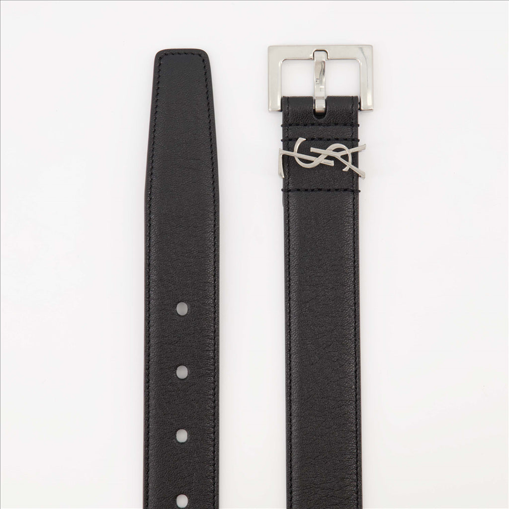 black leather belt, YSL logo buckle, adjustable fit belt, sophisticated accessories, refined leather belt