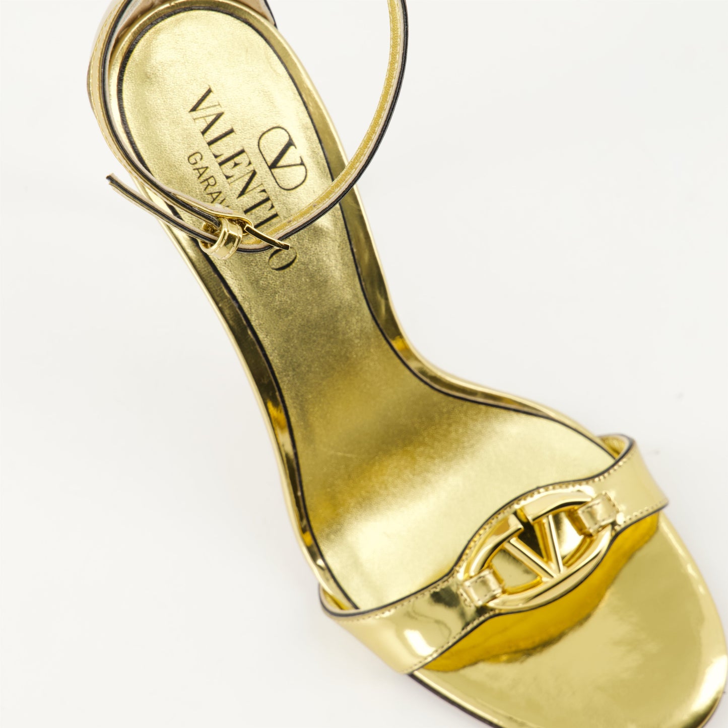 Gold leather heeled sandals, VLogo sandals, Valentino Garavani footwear, luxury open toe sandals, high-end leather shoes