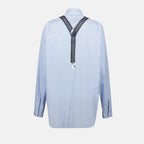 blue printed shirt, Moschino shirt, women's wardrobe staple, classic collar shirt, striped design