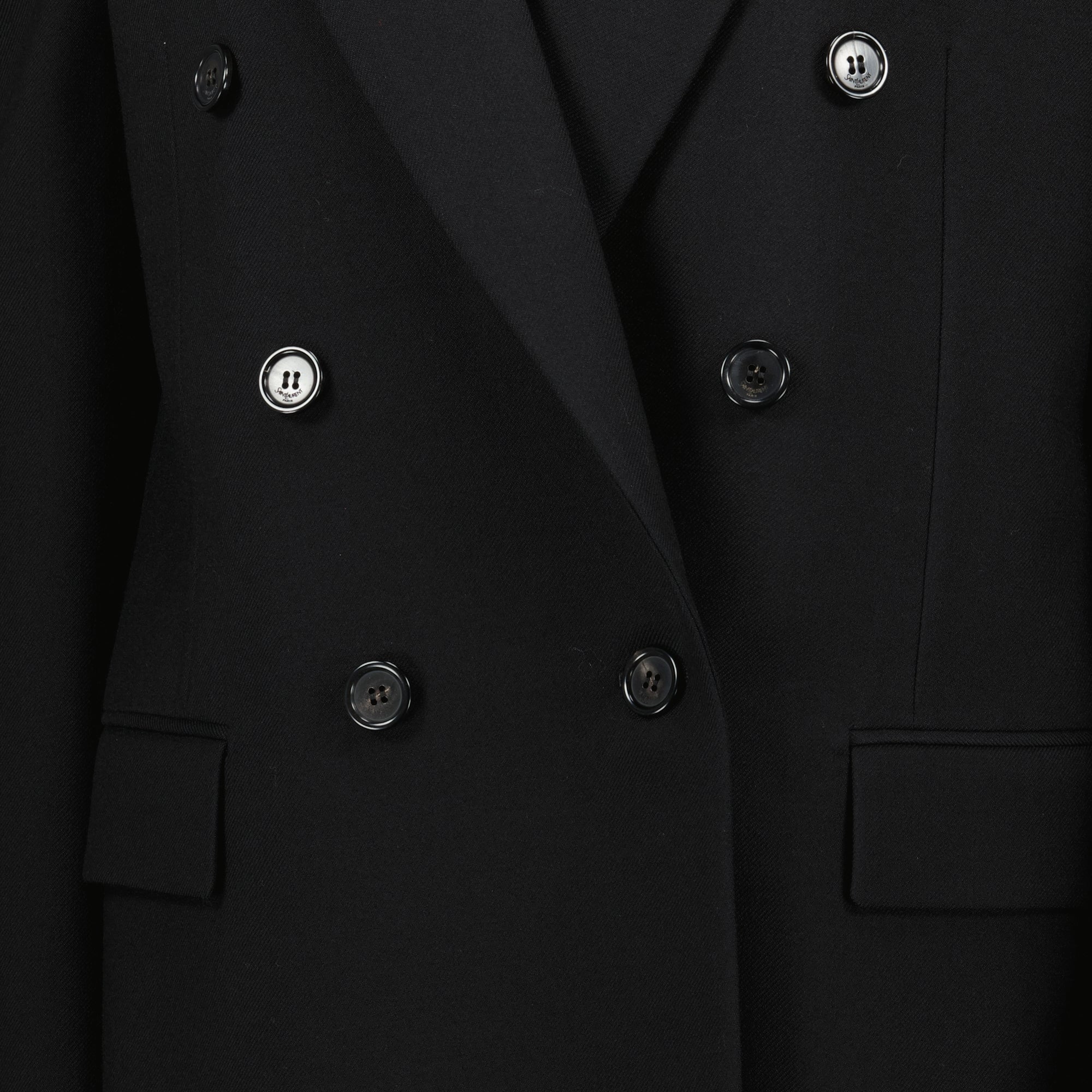 black blazer, Saint Laurent, wool gabardine, double-breasted blazer, silk lining