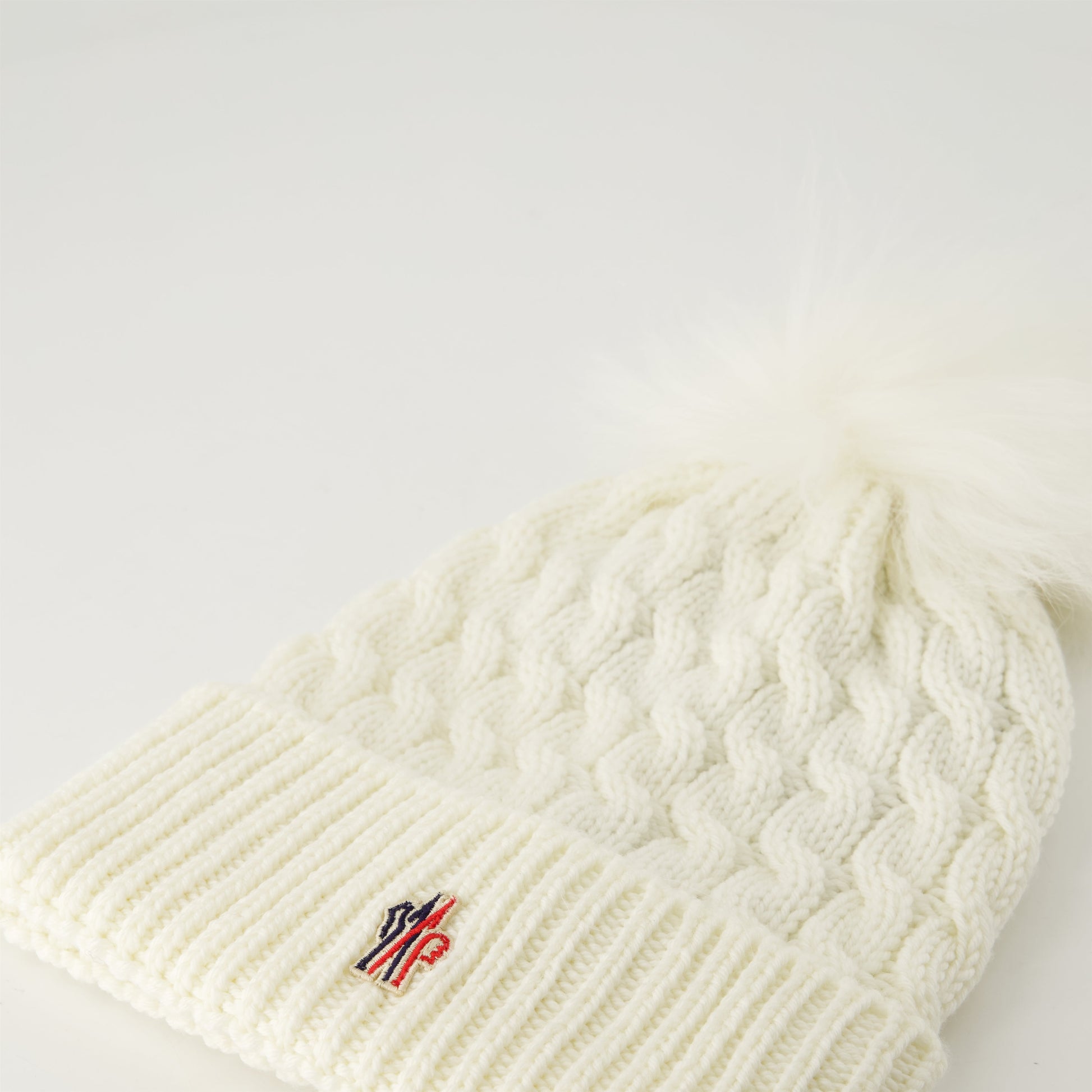 White pom-pom beanie, Moncler Grenoble beanie, ribbed wool beanie, embroidered logo beanie, winter fashion accessory