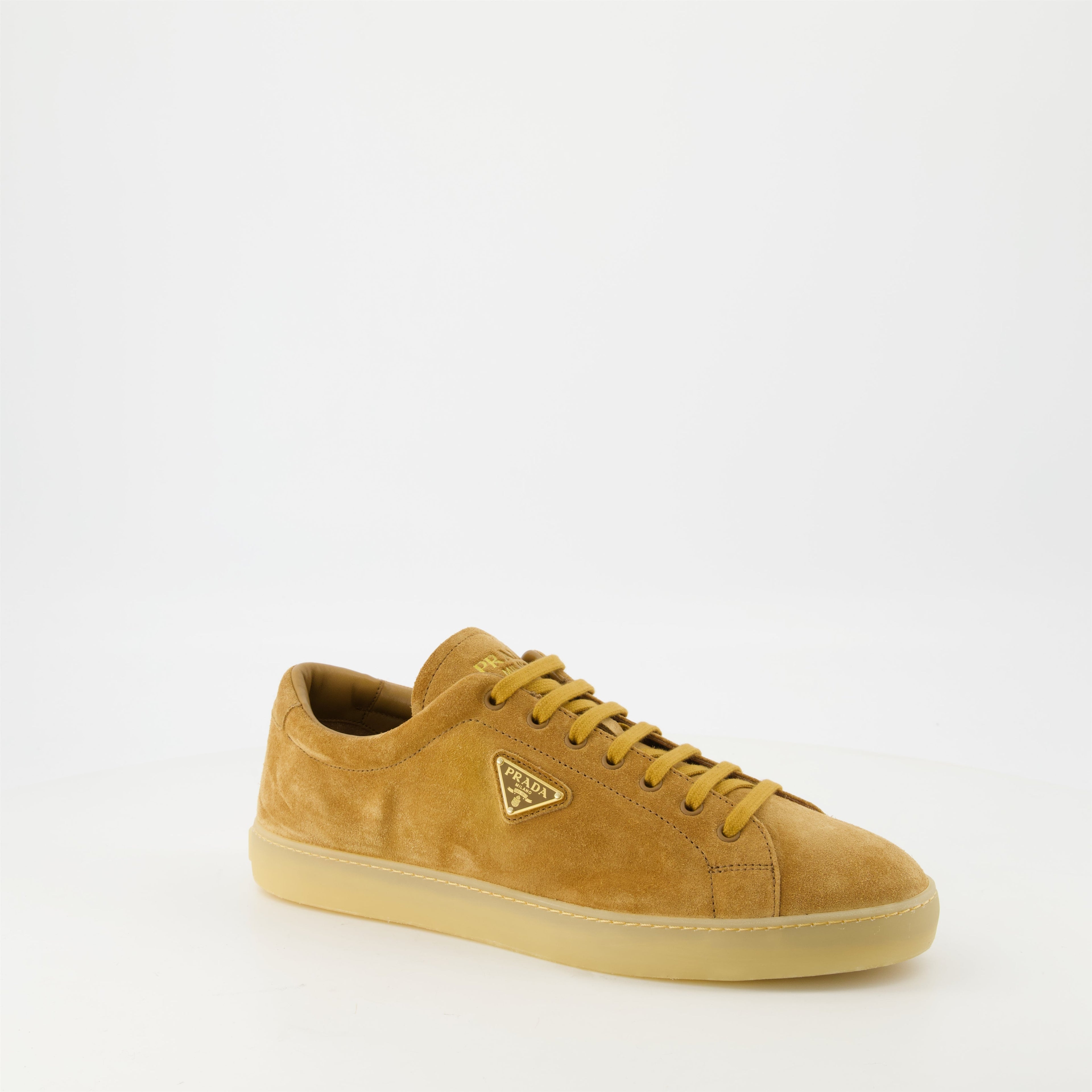 Prada Downtown sneakers, suede sneakers, brown sneakers, casual footwear, luxury sneakers