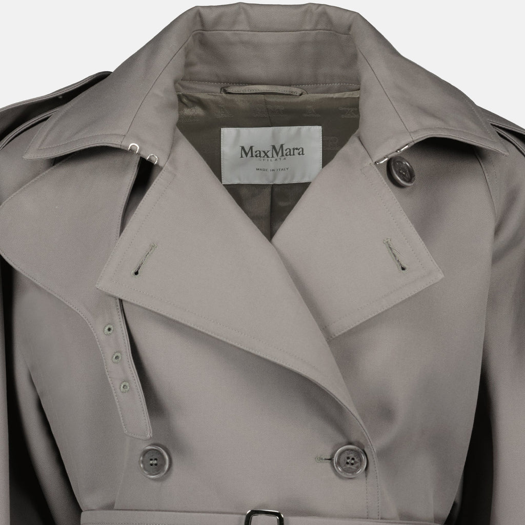 Mid-Length Trench Coat in Grey Cotton Gabardine
