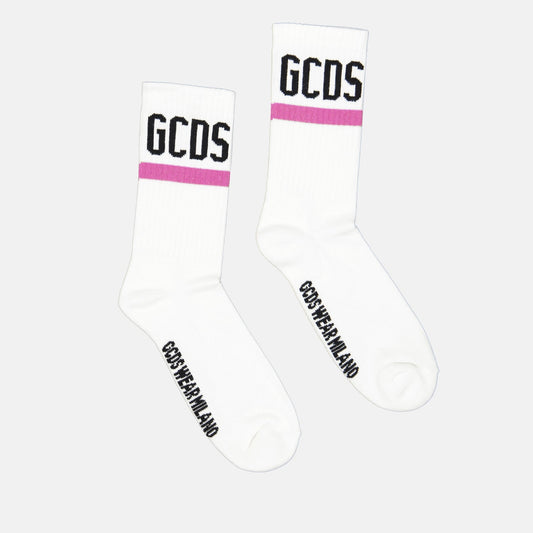 GCDS, women's logo socks, luxury socks, Blanc-Rose, cotton socks