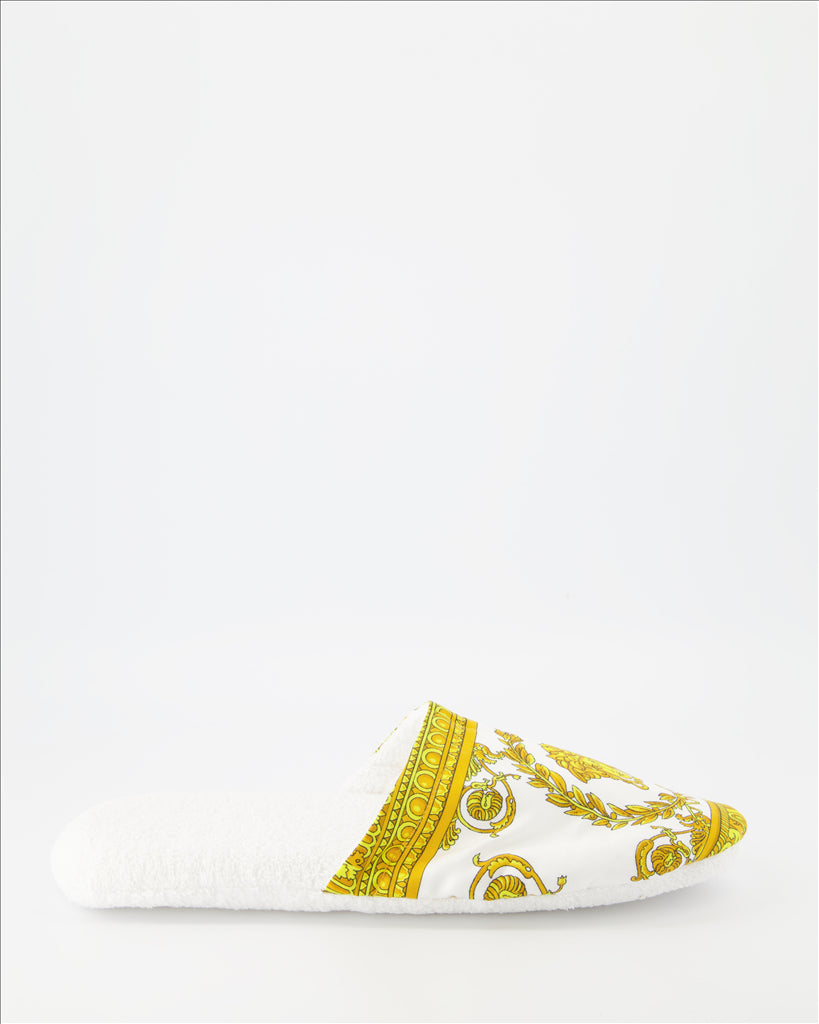 Versace slippers, luxury footwear, Barocco print, unisex fashion, designer comfort