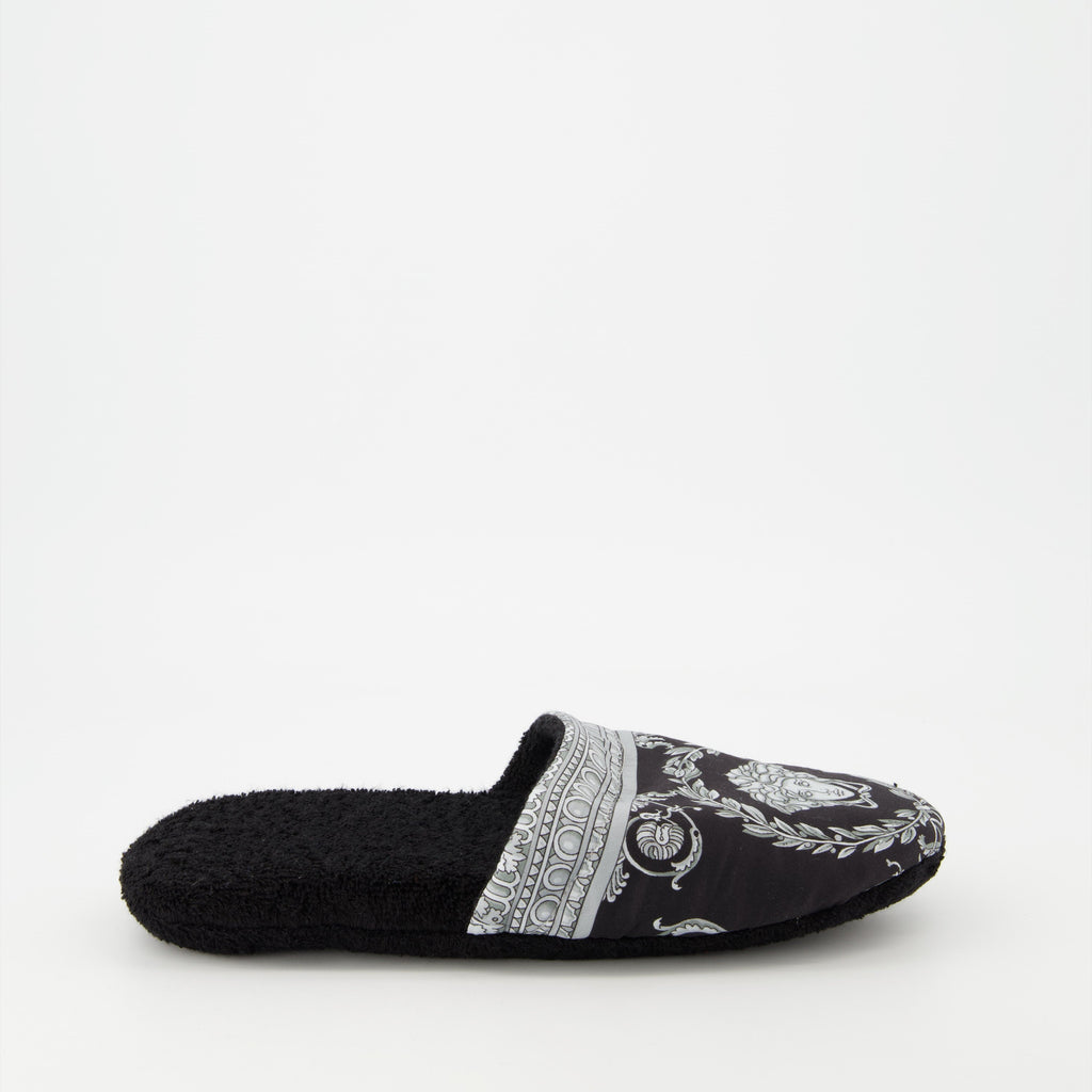 Versace slippers, luxury slippers, unisex homewear, Medusa logo, black-grey slippers