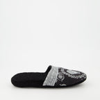 Versace slippers, luxury slippers, unisex homewear, Medusa logo, black-grey slippers